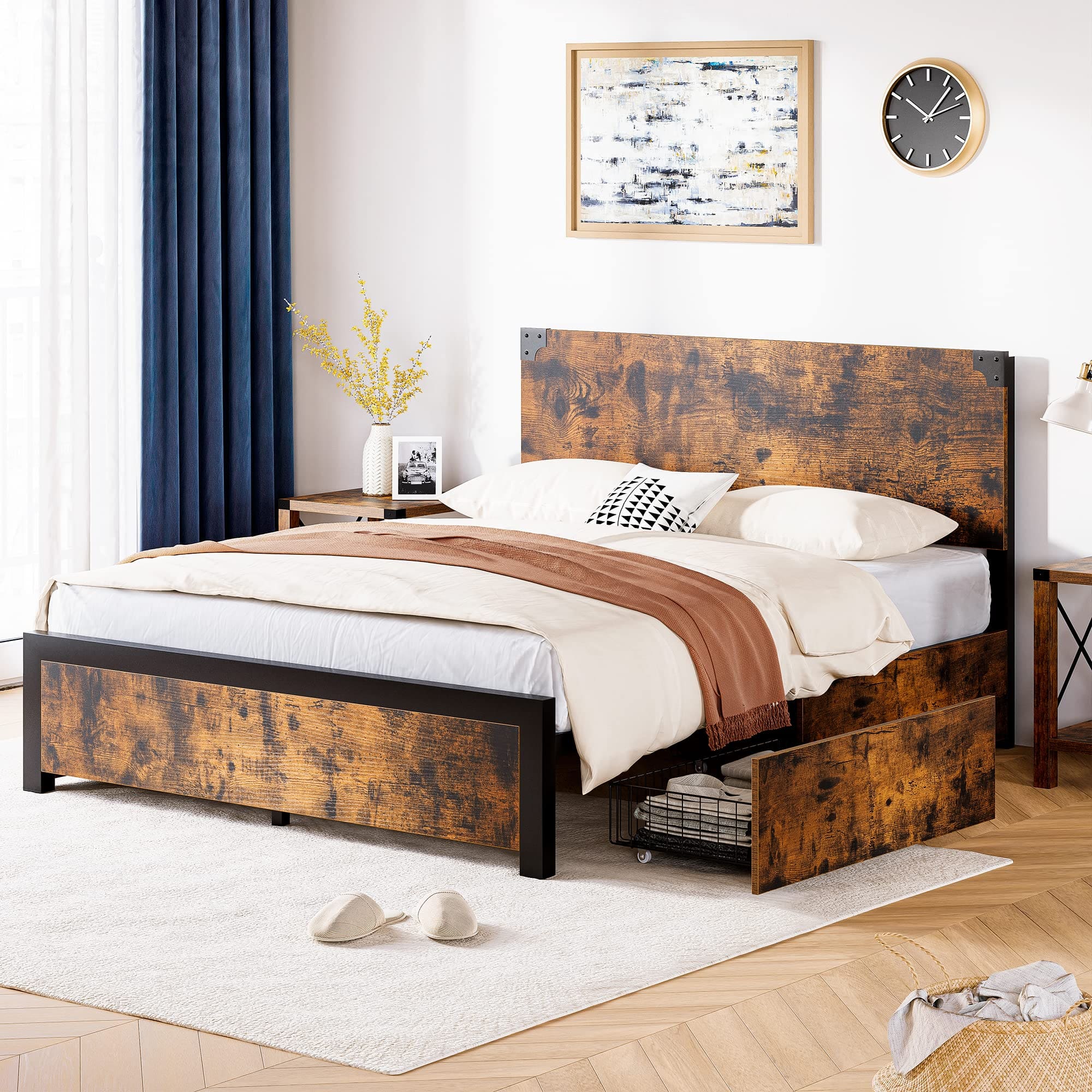 Electrodes Masters - King Bed Frame, Platform Full Size Bed Frame with Wood Headboard, Metal Full Bed Frame - Brown