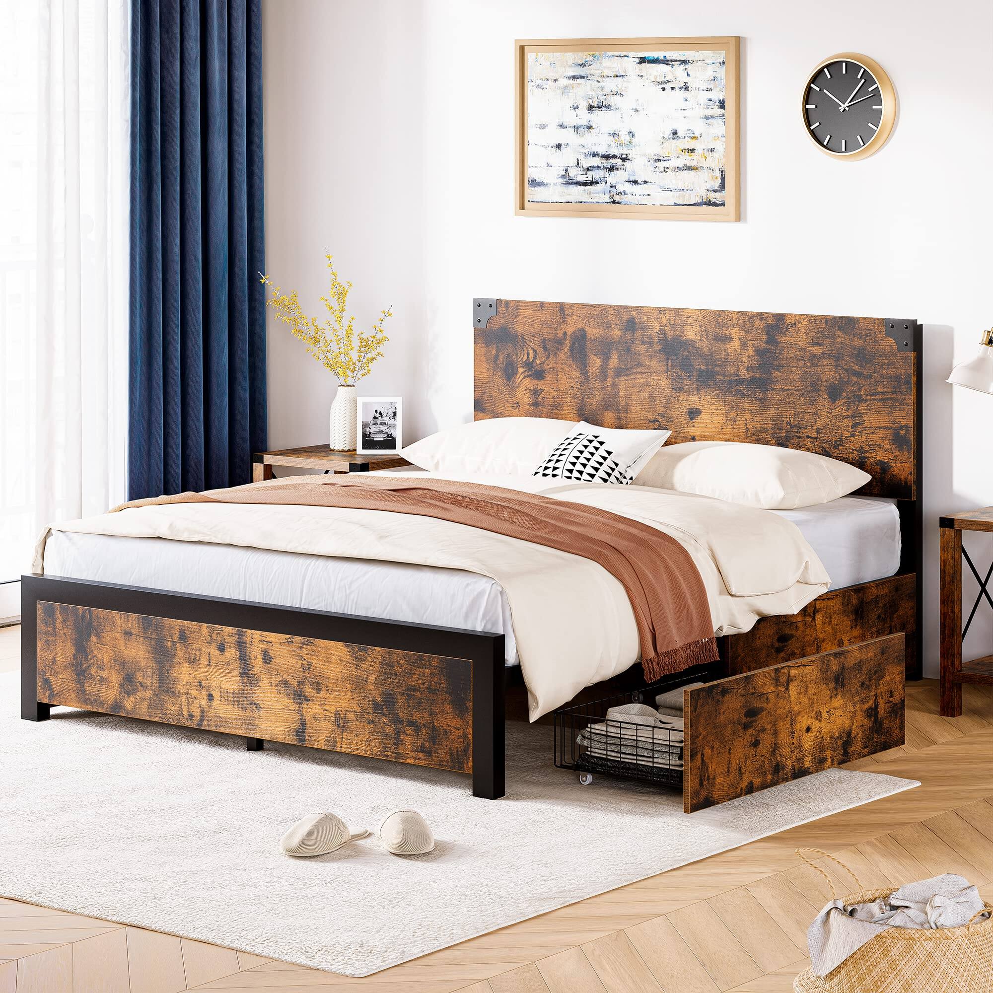 Front. Homhougo - King Bed Frame, Platform Full Size Bed Frame with Wood Headboard, Metal Full Bed Frame Brown - Brown.