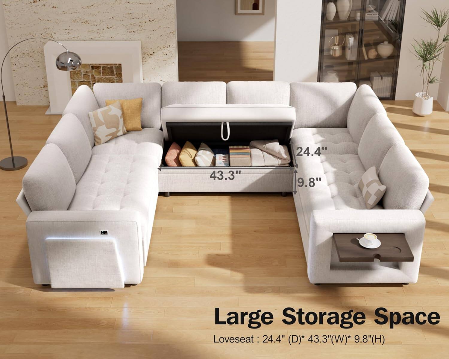 Alt View 1. Dyonery - Dyoney 102-inch, large combination U-shaped sofa, with pull-out bed/reclining backrest/table/storage, tool-free assembly - White.