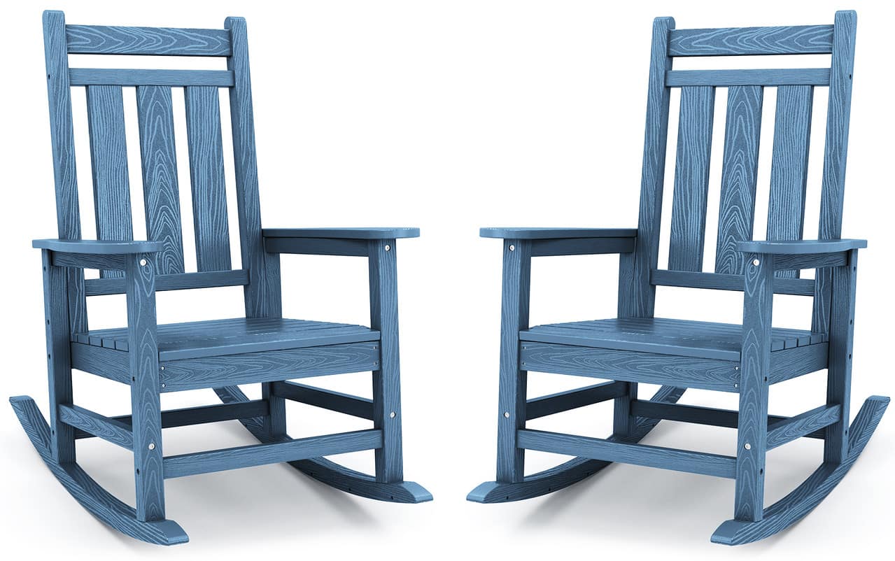 SERWALL - Oversized Outdoor Rocking Chair Set of 2, HDPE All-Weather Patio Rocking Chairs for Porch - Blue
