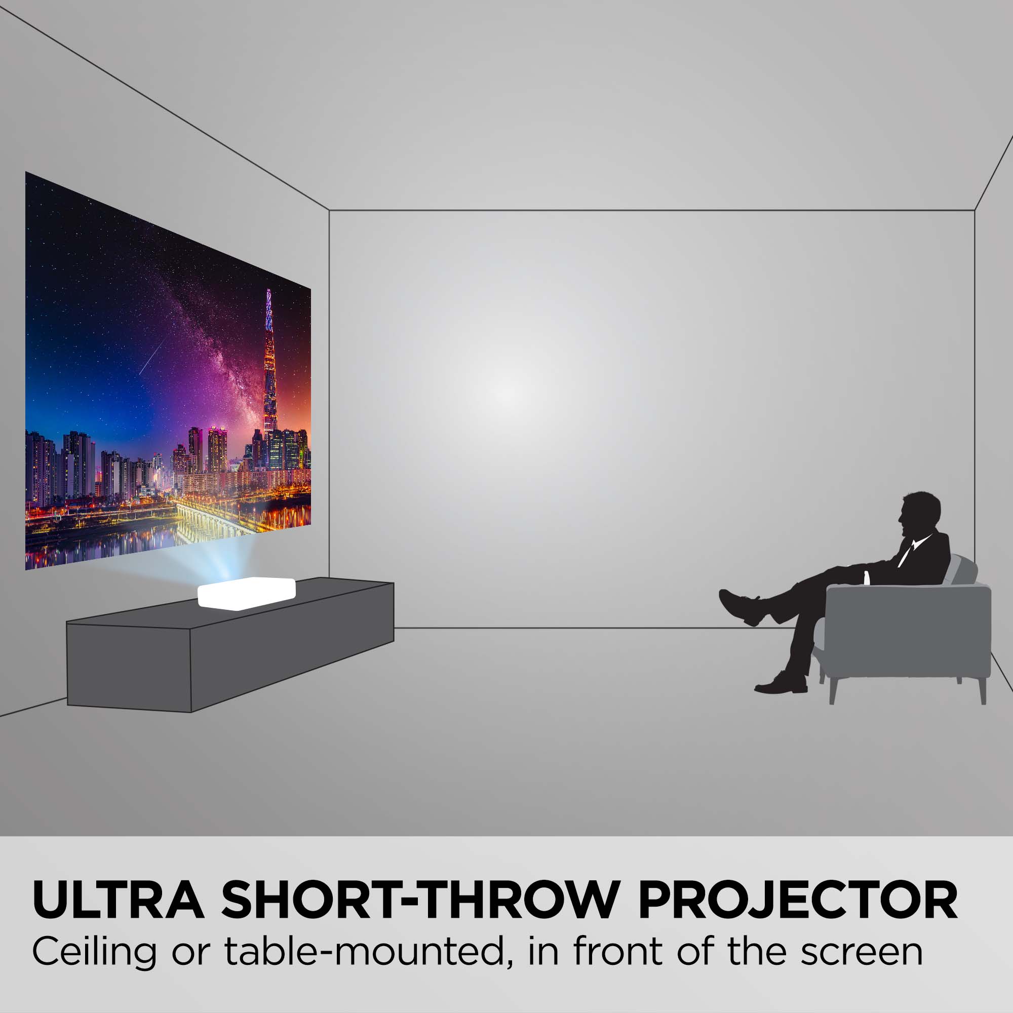 ULTRA SHORT-THROW PROJECTOR
Ceiling or table-mounted, in front of the screen