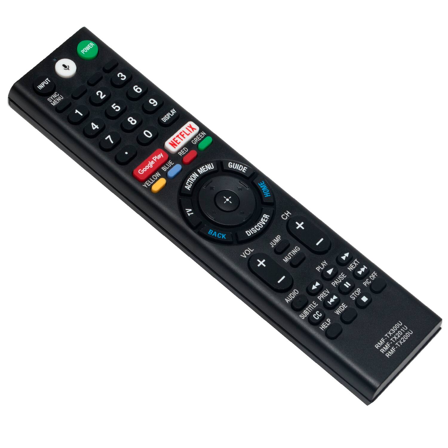 Sure, here is the corrected and grouped text from the image:

**Top Row:**
- POWER
- INPUT
- SYNC
- MENU

**Number Pad:**
- 1
- 2
- 3
- 4
- 5
- 6
- 7
- 8
- 9
- 0
- DISPLAY

**Middle Row:**
- NETFLIX (Green Button)
- Google Play (Red Button)
- MENU (Blue Button)
- GUIDE (Yellow Button)

**Bottom Row:**
- ACTION
- HOME
- TV
- CH
- BACK
- DISCOVER
- JUMP
- VOL
- MUTE
- PLAY
- NEXT
- PAUSE
- STOP
- SUBTITLE
- CC
- WIDE
- HELP

**Additional Buttons:**
- PIC
- AUDIO
- TX300U
- RMF
- TX2000
- RMF

**Bottom Right:**
- RMF-TX300U
- RMF-TX200U