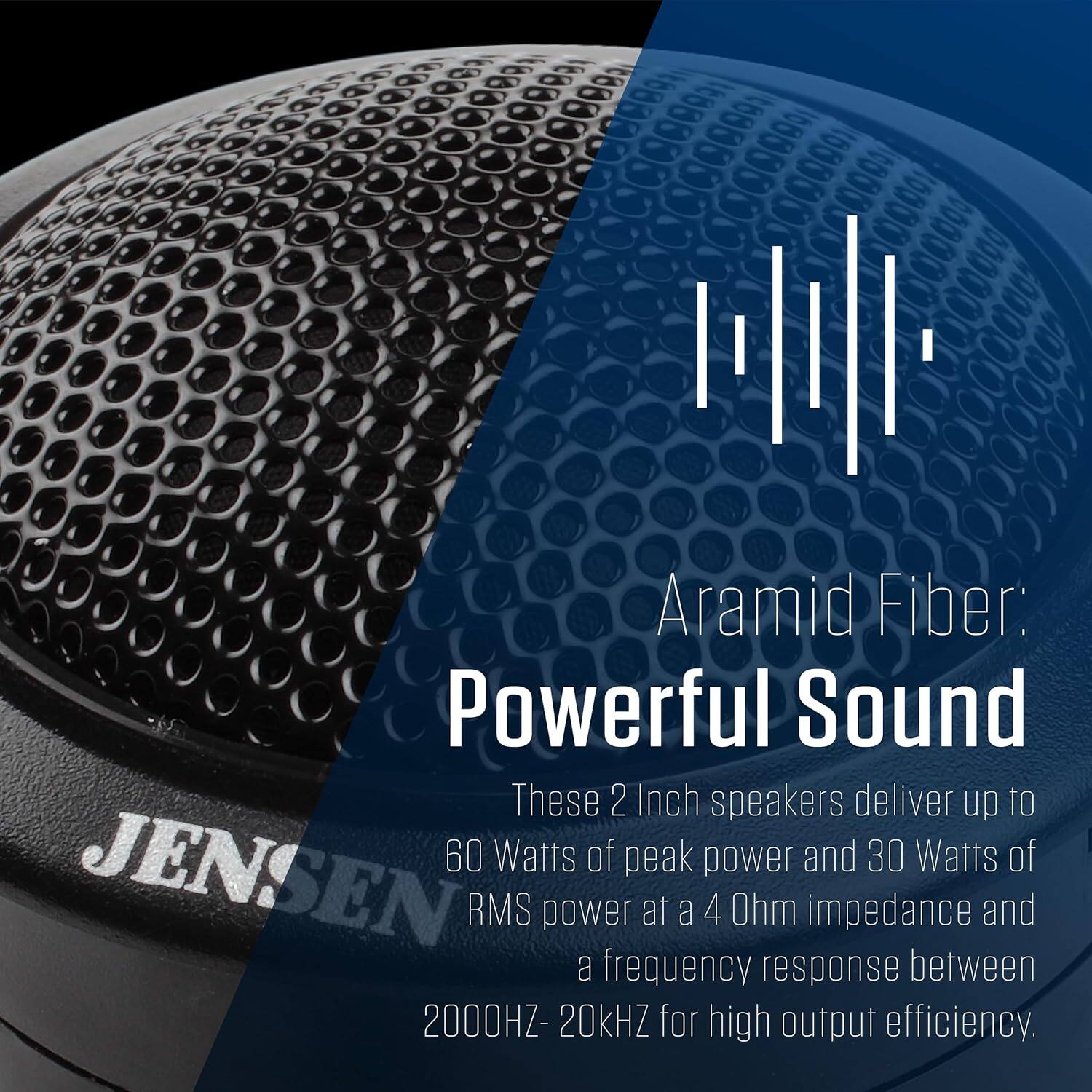 Aramid Fiber: Powerful Sound

These 2 Inch speakers deliver up to 60 Watts of peak power and 30 Watts of RMS power at a 4 Ohm impedance and a frequency response between 2000HZ- 20KHZ for high output efficiency.