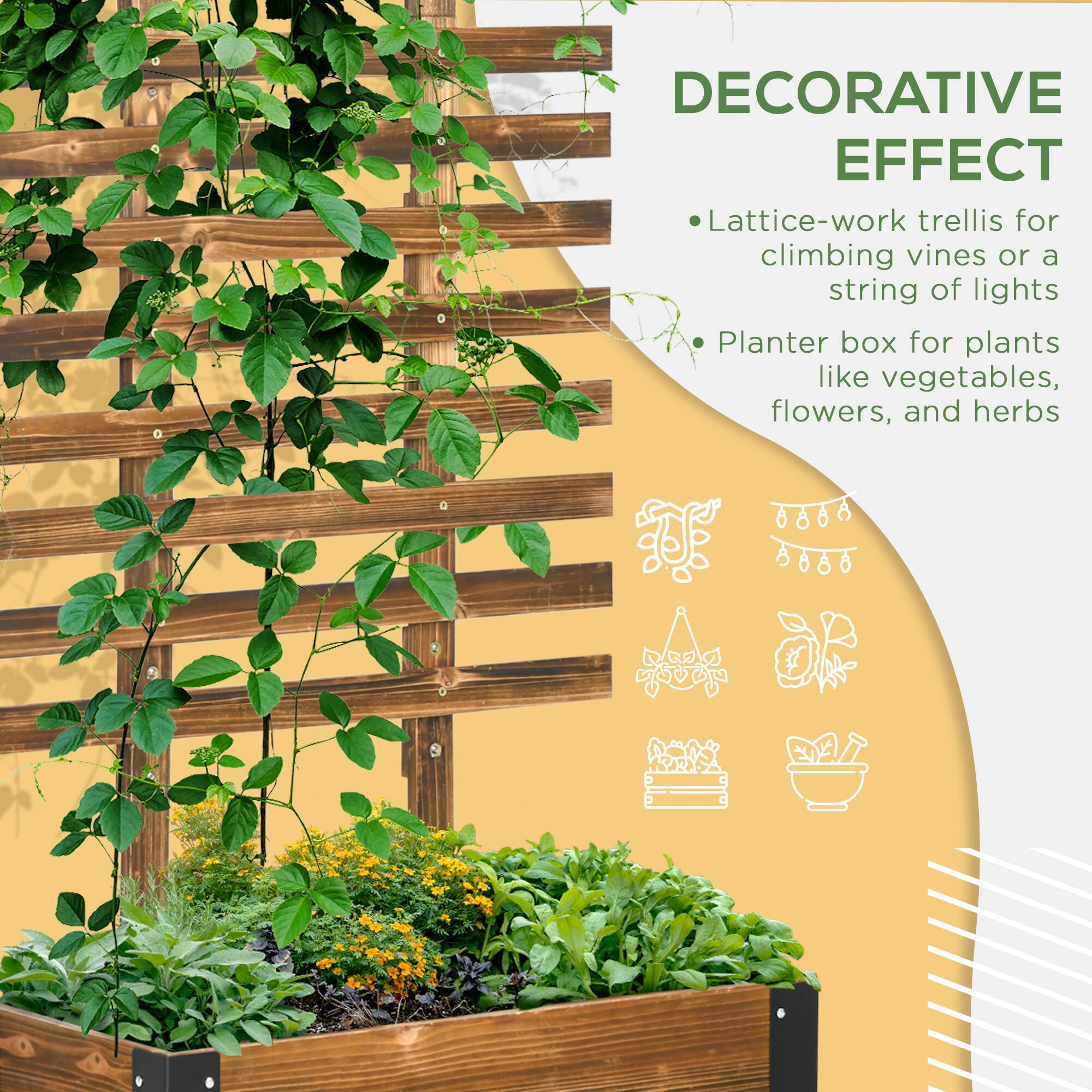 DECORATIVE EFFECT

- Lattice-work trellis for climbing vines or a string of lights
- Planter box for plants like vegetables, flowers, and herbs