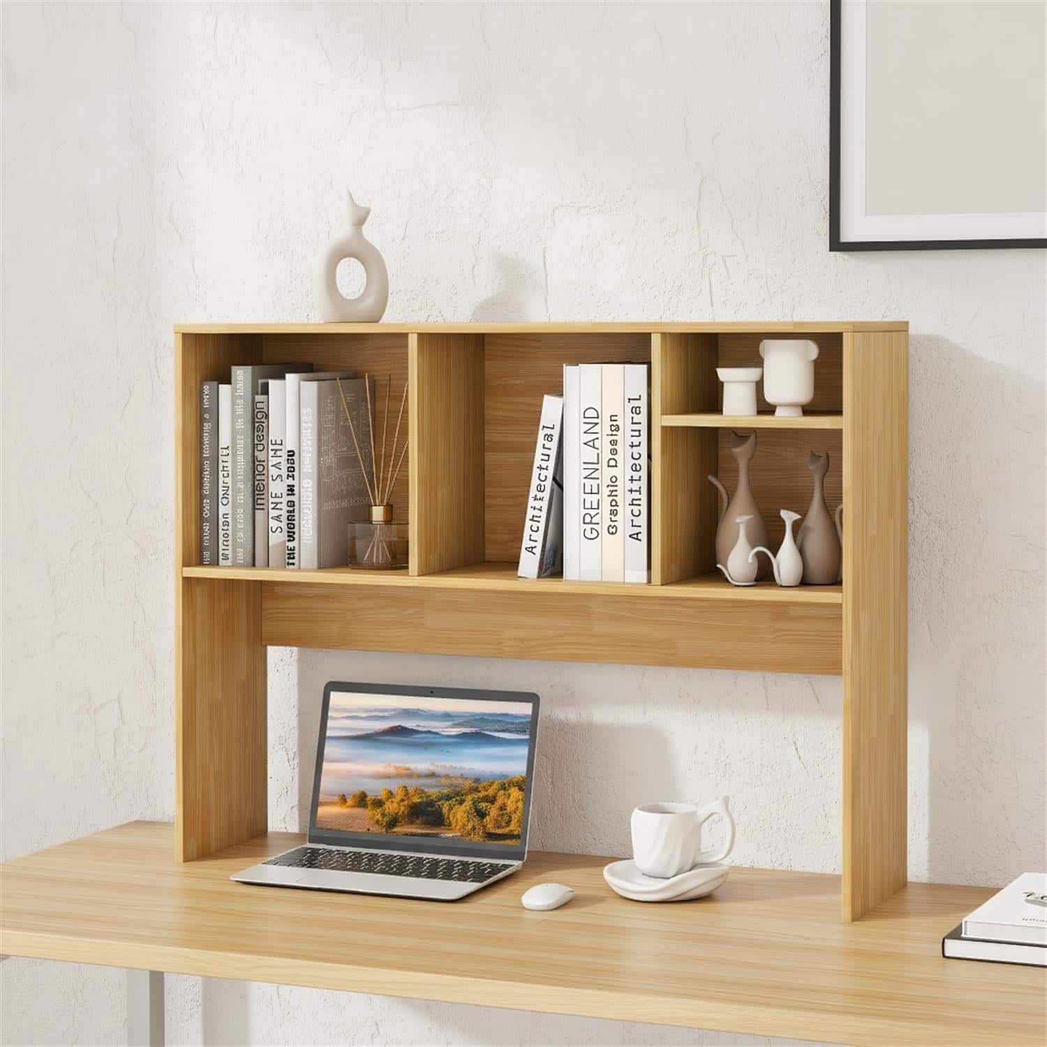 Pefilos - Computer Desktop Bookcase with 4 Cubbies and Open Back Compartment, Under-Desk Storage for Home Office - Beige