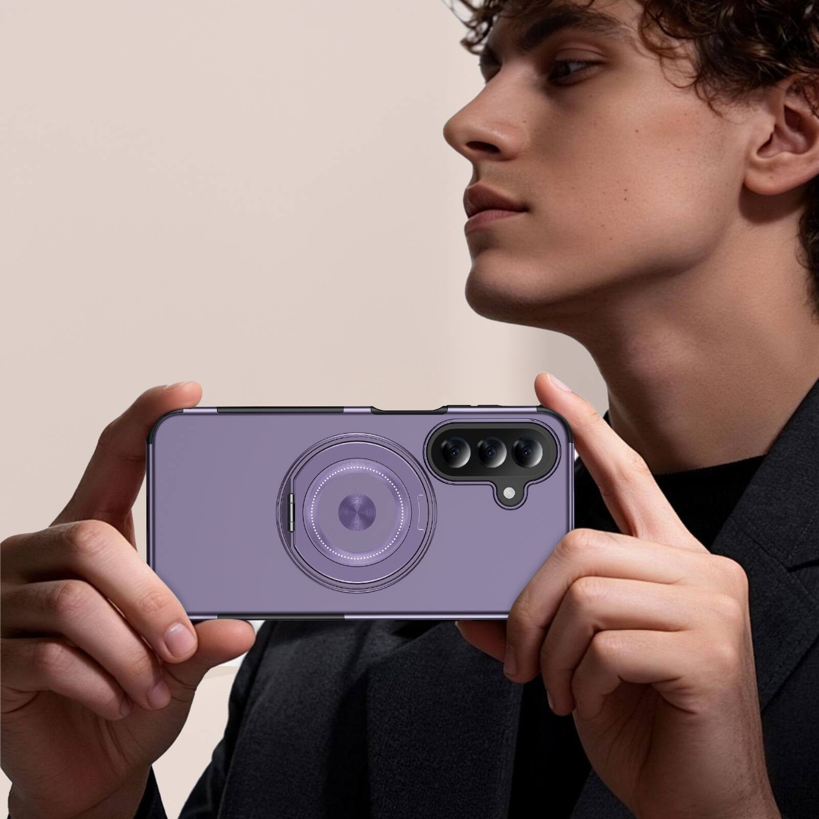 Left. Dteck - Magnetic Shockproof Case for Samsung Galaxy A37 5G, 360 Rotating Ring Stand Non Slip Cover with Raised Edge Protection - Lightpurple.