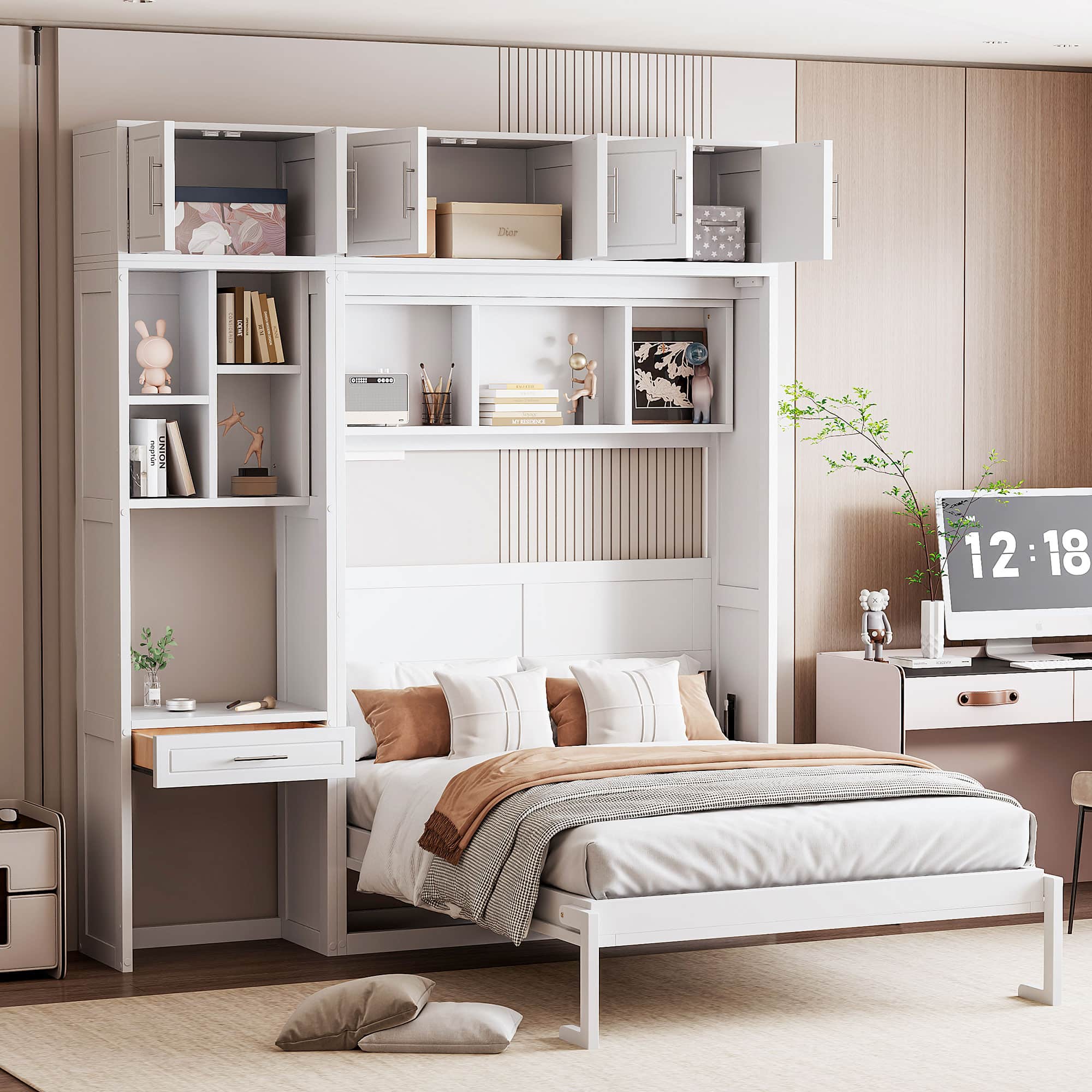 Tiramisubest - Full Size White Wall Murphy Bed with Desk, Cabinet and Shelves, Space Saving, 87x81x95 inches, 330 lbs - White