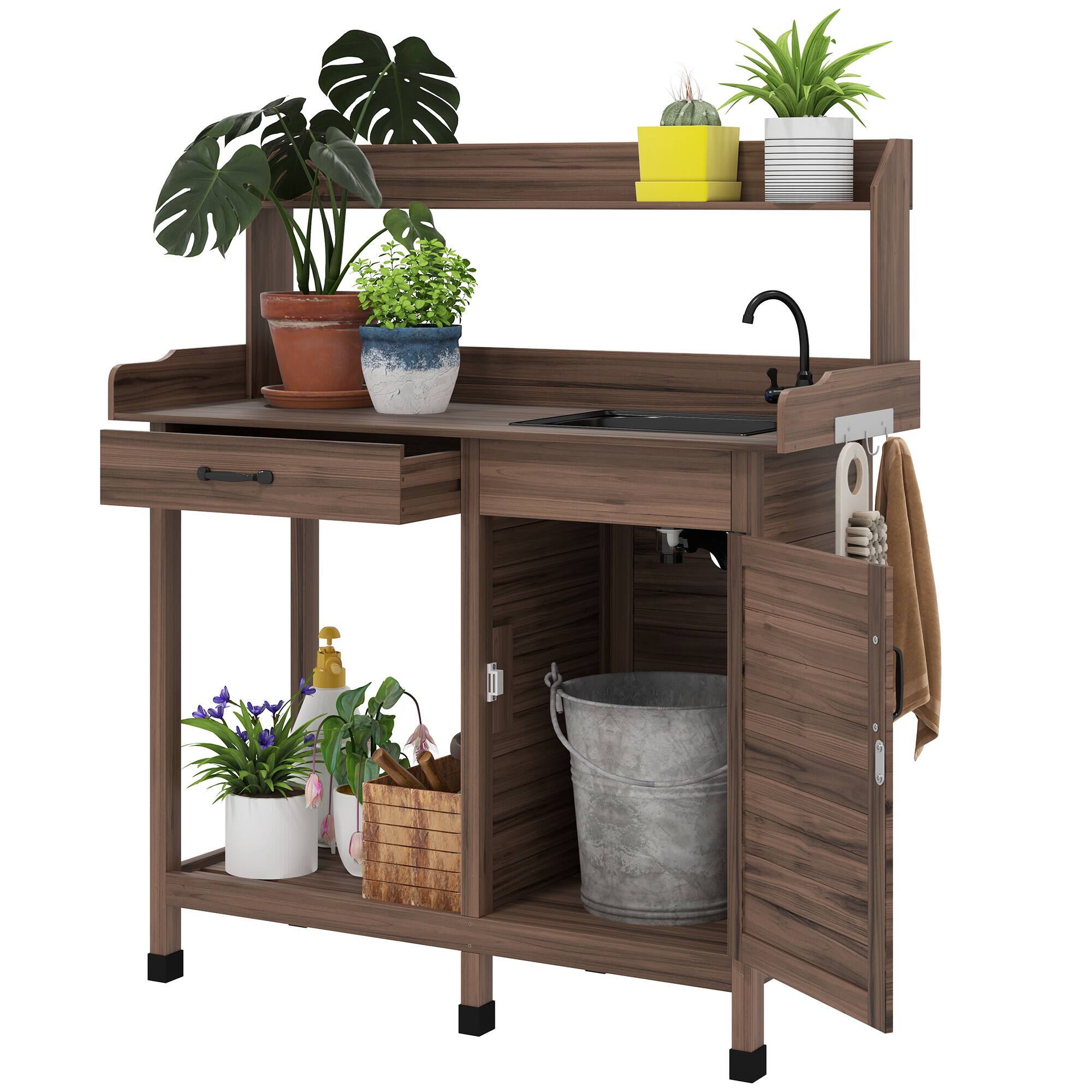 Outsunny - Potting Bench Table with Sink, Outdoor Work Bench Table with Storage Cabinet, Hooks, Removable Sink - Brown