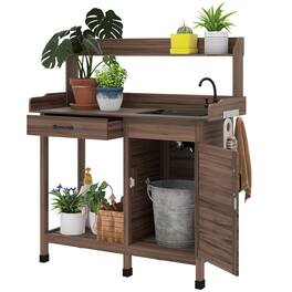 Outsunny - Potting Bench Table with Sink, Outdoor Work Bench Table with Storage Cabinet, Hooks, Removable Sink - Brown