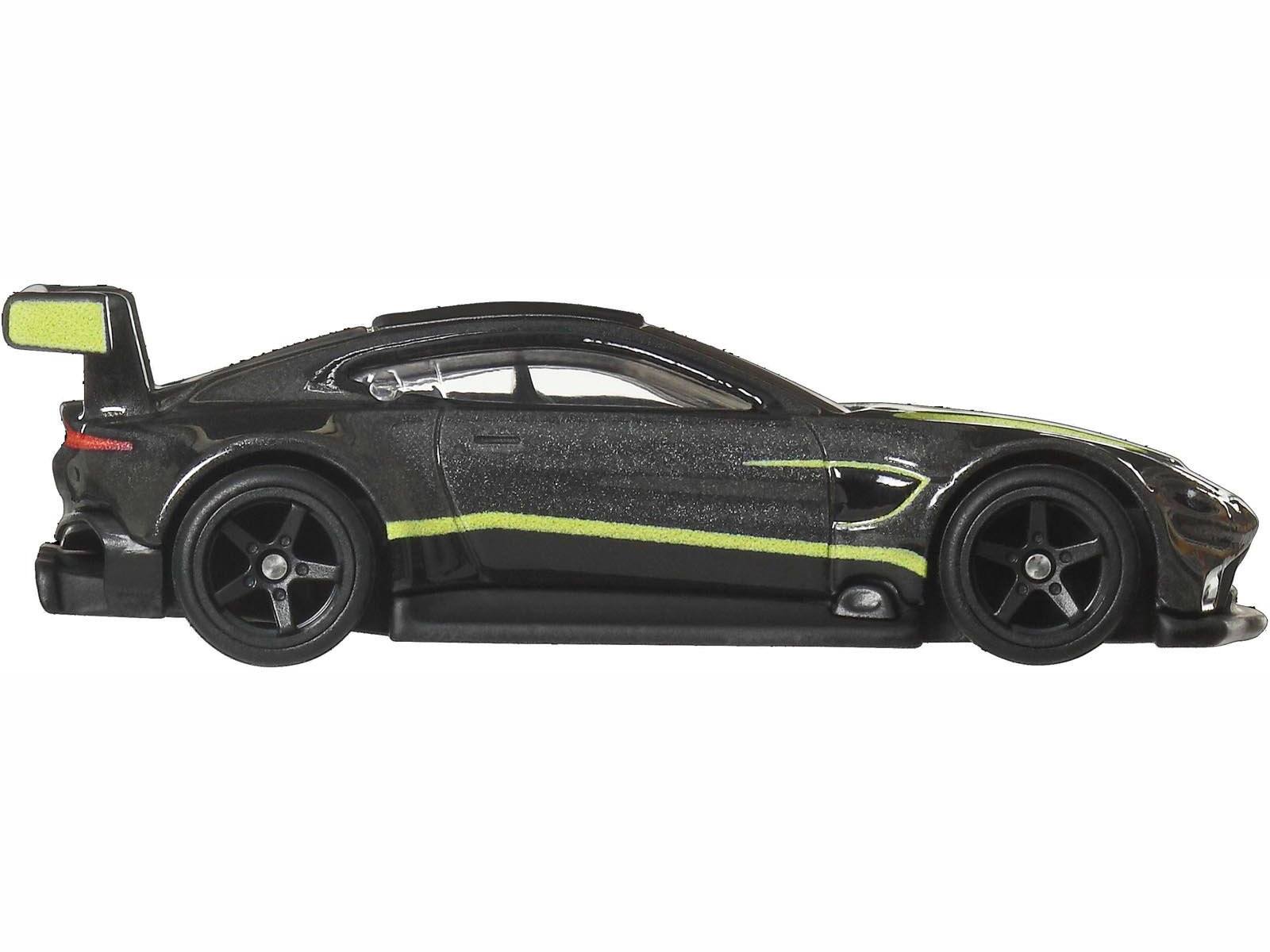 Angle. Hot Wheels - Aston Martin Vantage GTE Dark Gray Metallic with Lime Green Stripes "Euro Speed" Series Diecast Model Car by Hot Wheels - Dark Gray Metallic with Lime Green.