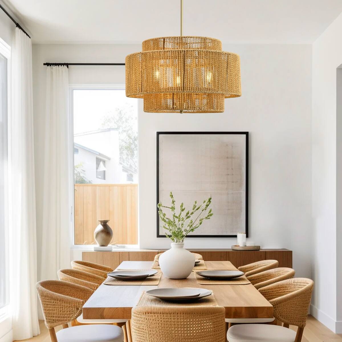 Back. Loheer - Loheer Boho Rattan Chandelier, Three Light Chandelier with Paper Rope Shade and Gold Frame.