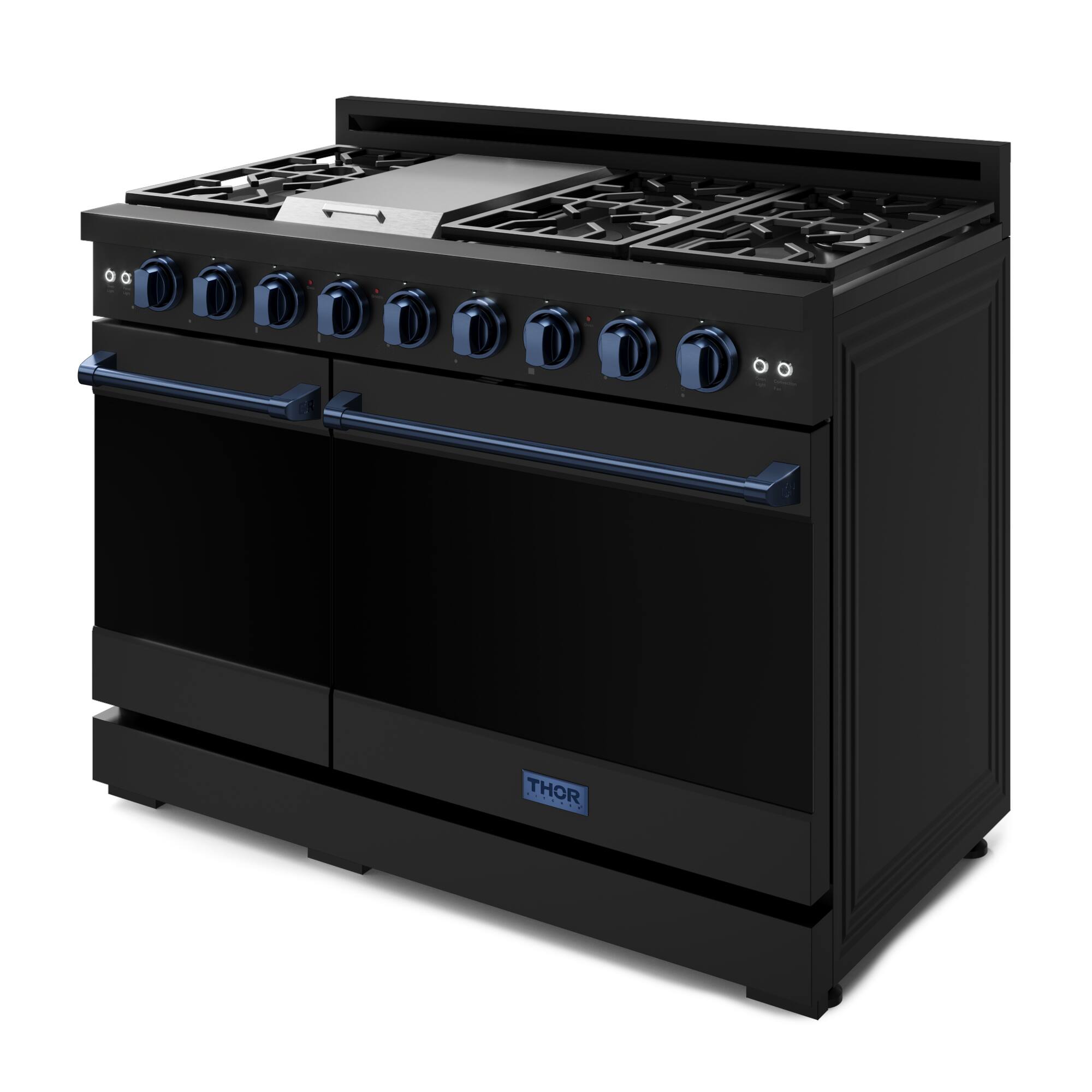 Thor is a brand of stove that features a black oven with a stainless steel top. The oven has a stove top with six burners and a broiler, making it a versatile and functional appliance for cooking. The design of the oven is modern and sleek, with a black finish that adds a touch of elegance to any kitchen.