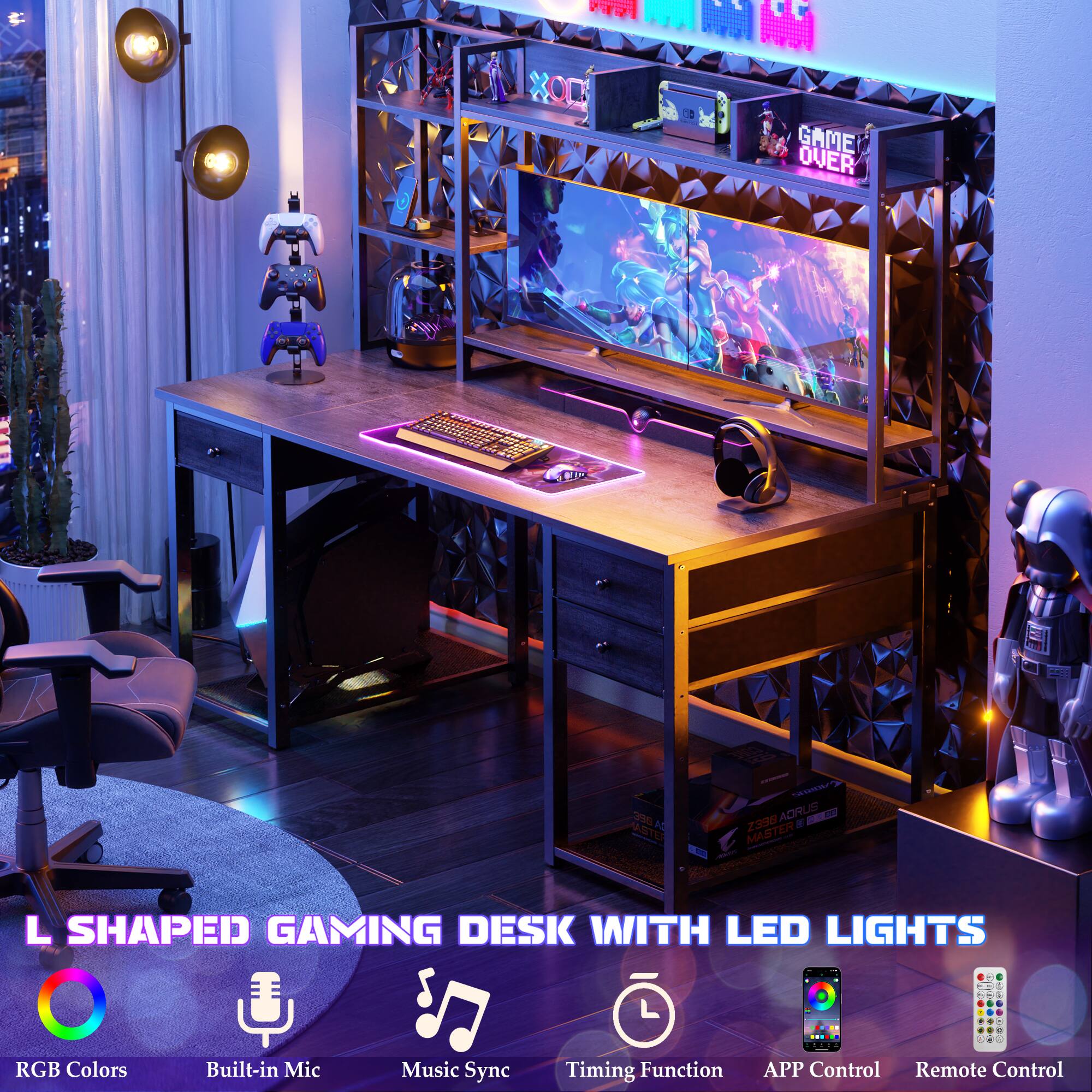 L SHAPED GAMING DESK WITH LED LIGHTS RGB Colors Built-in Mic Music Sync Timing Function APP Control Remote Control