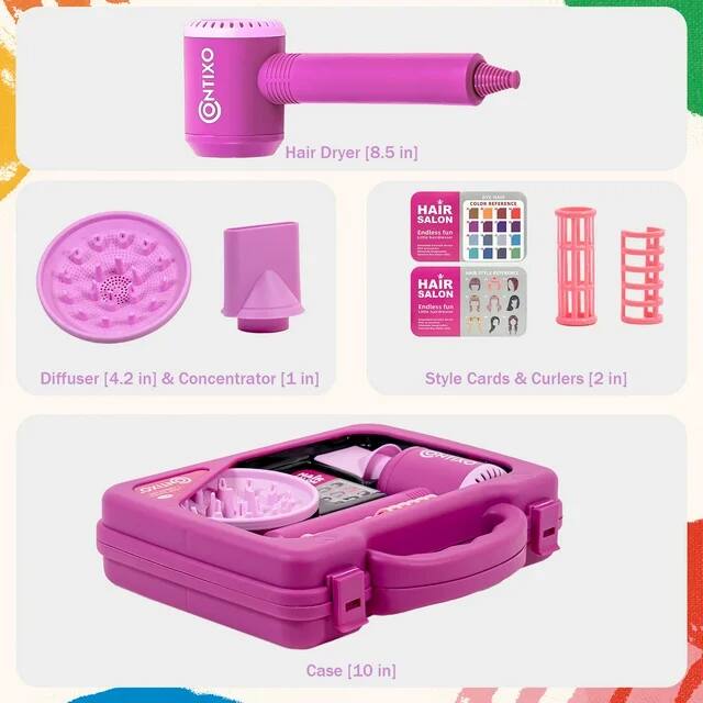 CNTIXO Hair Dryer [8.5 in]  
HAIR SALON Endless fun Diffuser [4.2 in] & Concentrator [1 in]  
Style Cards & Curlers [2 in]  
SNG 02 CATIO Case [10 in]