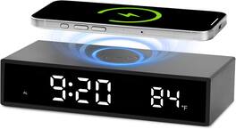 Stamp n Camp - Digital LED Alarm Clock with Wireless Charging,15W Fast Charger for Smart Phone iPhone/Samsung, Nighttime Mode Snooze - Black