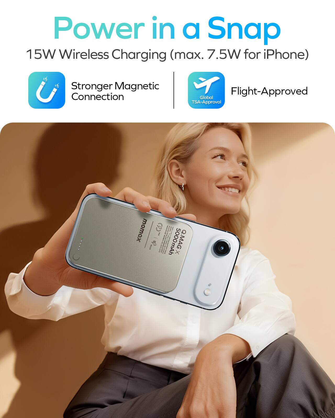 Power in a Snap  
15W Wireless Charging (max. 7.5W for iPhone)  
Stronger Magnetic Connection  
Flight-Approved  
Global TSA-Approval  

momox  
1 I 1 &  
RIS  
5000mAh  
Q.MAG x