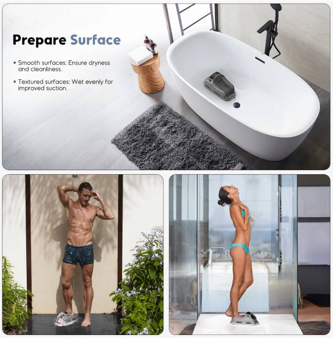 Prepare Surface

- Smooth surfaces: Ensure dryness and cleanliness.
- Textured surfaces: Wet evenly for improved suction.