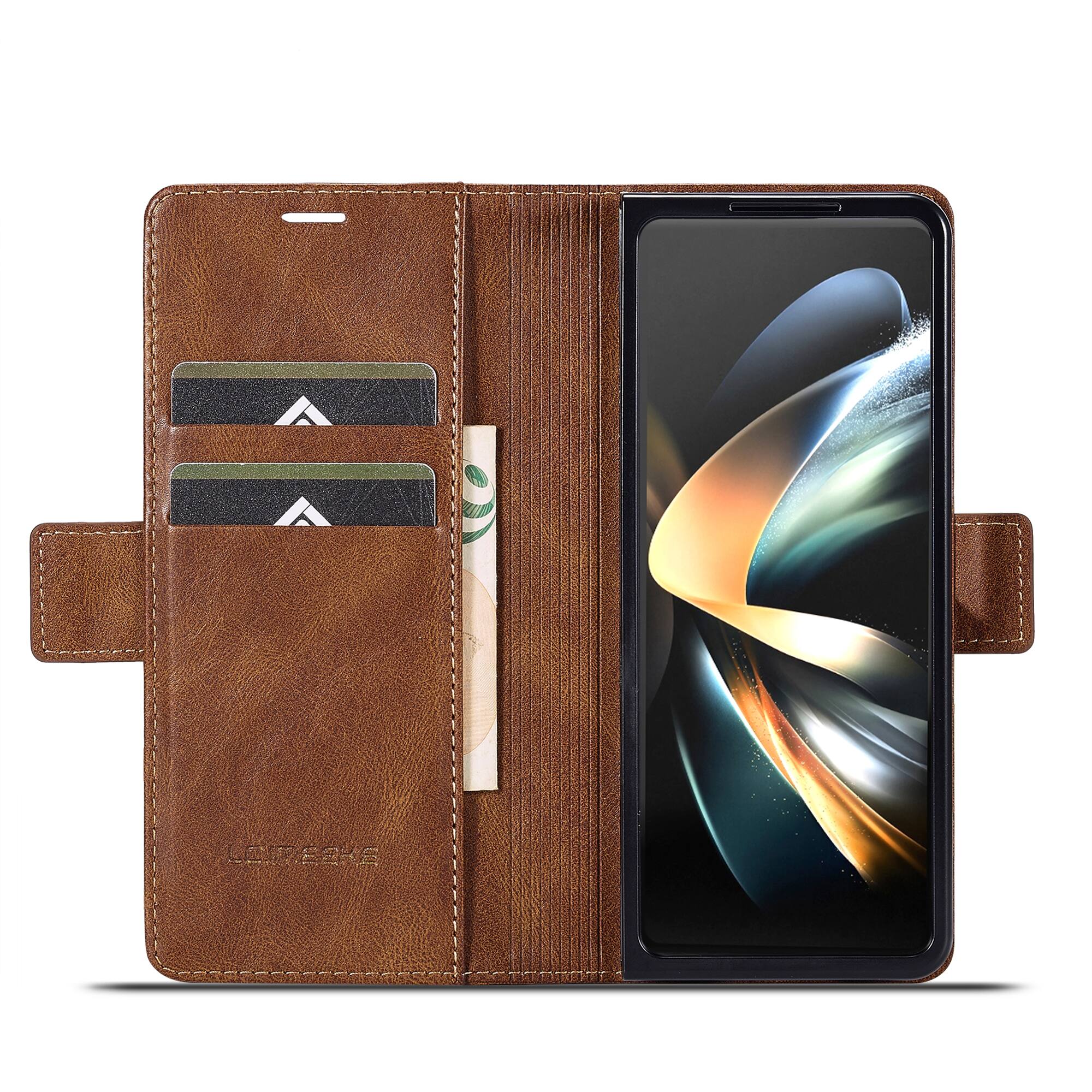 Angle. Dteck - Wallet Case for Samsung Galaxy Z Fold 7, Magnetic PU Leather RFID Blocking Card Slots Kickstand Shockproof Cover - Brown.