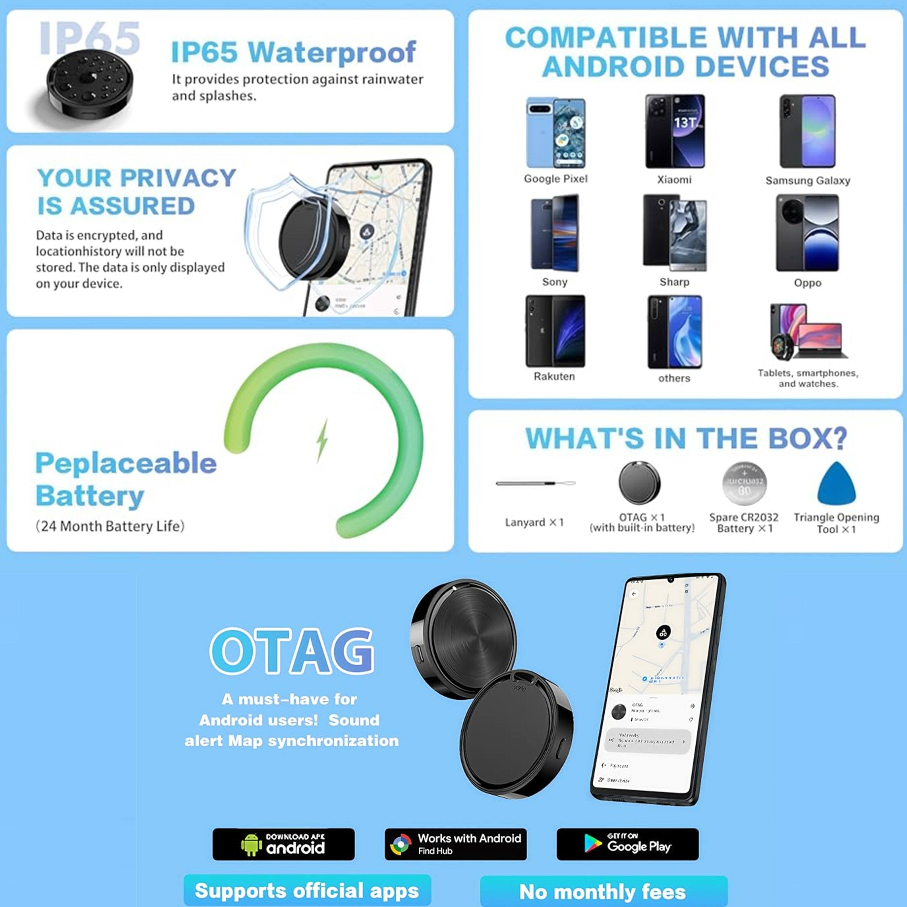 IP65 COMPATIBLE WITH ALL IP65 Waterproof ANDROID DEVICES  
It provides protection against rainwater and splashes.

YOUR PRIVACY IS ASSURED  
Data is encrypted, and location history will not be stored. The data is only displayed on your device.

COMPATIBLE WITH ALL ANDROID DEVICES  
Google Pixel, Sony, Xiaomi, Sharp, Samsung Galaxy, Oppo, Rakuten, others, Tablets, smartphones, and watches.

Peplaceable Battery (24 Month Battery Life)

WHAT'S IN THE BOX?  
- OTAG x 1  
- Spare CR2032 Battery x 1  
- Lanyard x 1 (with built-in battery)  
- Triangle Opening Tool x 1

OTAG  
A must-have for Android users! Sound alert Map synchronization

Supports official apps  
Works with Android Find Hub  
Google Play  
No monthly fees
