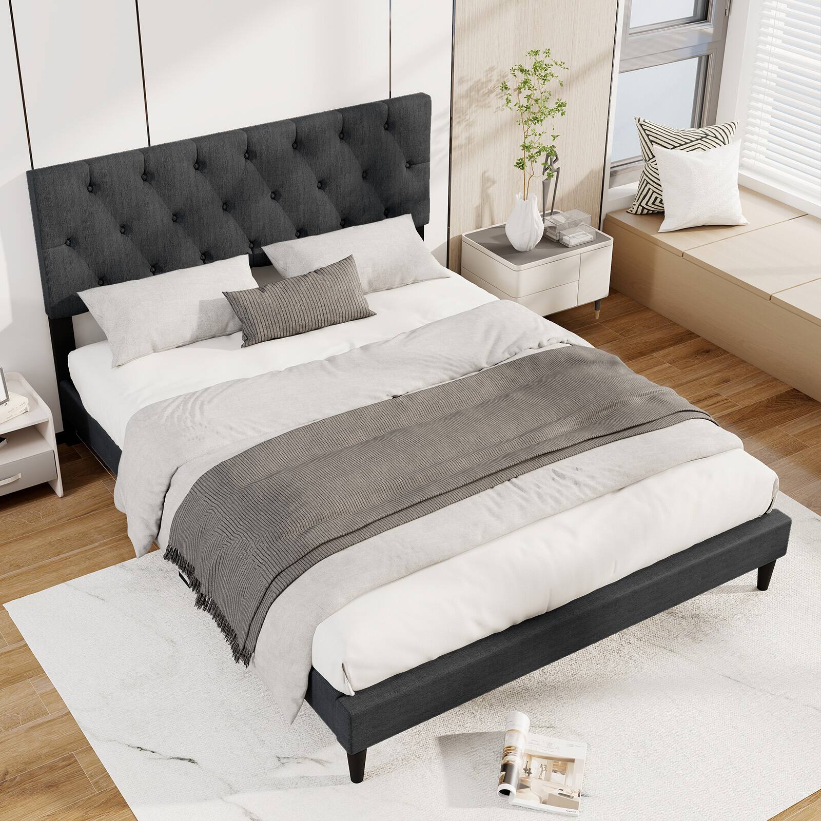 Alt View 4. LUCKY ONE - Queen Assembled Upholstered Platform Bed with Tufted Headboard Wooden Slats Gray - Gray-Queen.