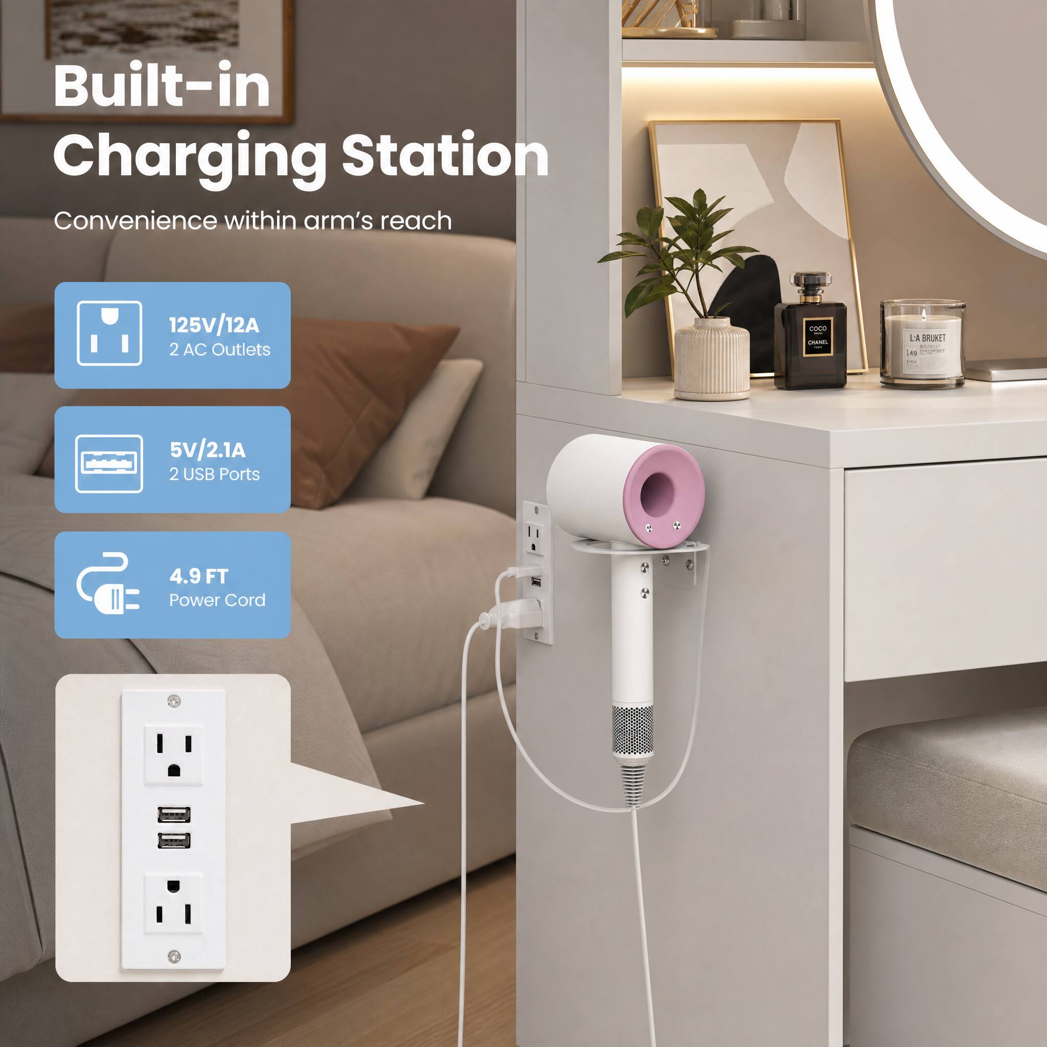 Built-in Charging Station  
Convenience within arm's reach  
125V/12A 2 AC Outlets  
5V/2.1A 2 USB Ports  
4.9 FT Power Cord