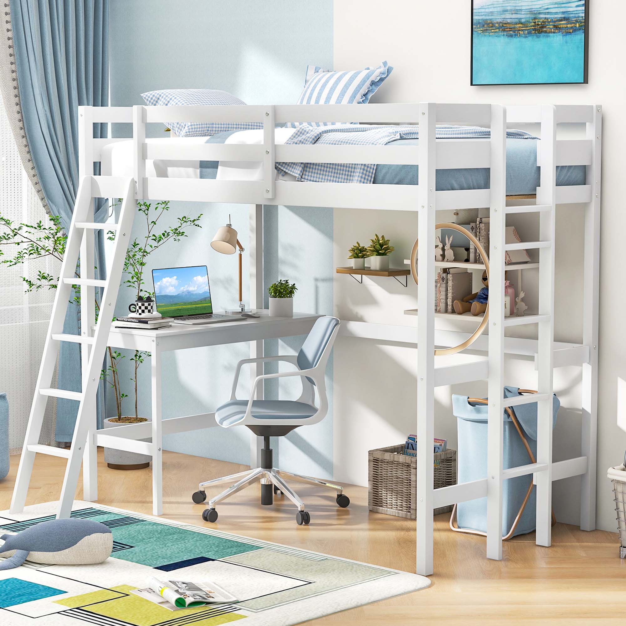 Alt View 5. Costway - Costway Twin Size Loft Bed w/ Desk & Shelf 2 Ladders & Guard Rail for Kids Teens Bedroom - White.