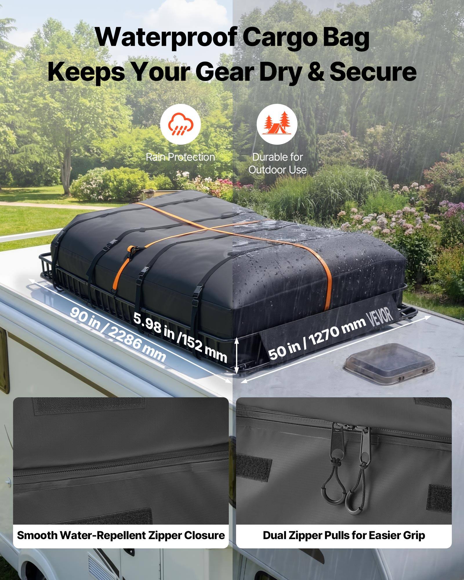 Waterproof Cargo Bag Keeps Your Gear Dry & Secure

- Rain Protection
- Durable for Outdoor Use

90 in / 2286 mm  
5.98 in / 152 mm  
50 in / 1270 mm

Smooth Water-Repellent Zipper Closure  
Dual Zipper Pulls for Easier Grip