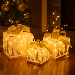 BreeBe - Prelit Gift Box Set of 3 with Soft White LED Christmas Lights - Multicolor