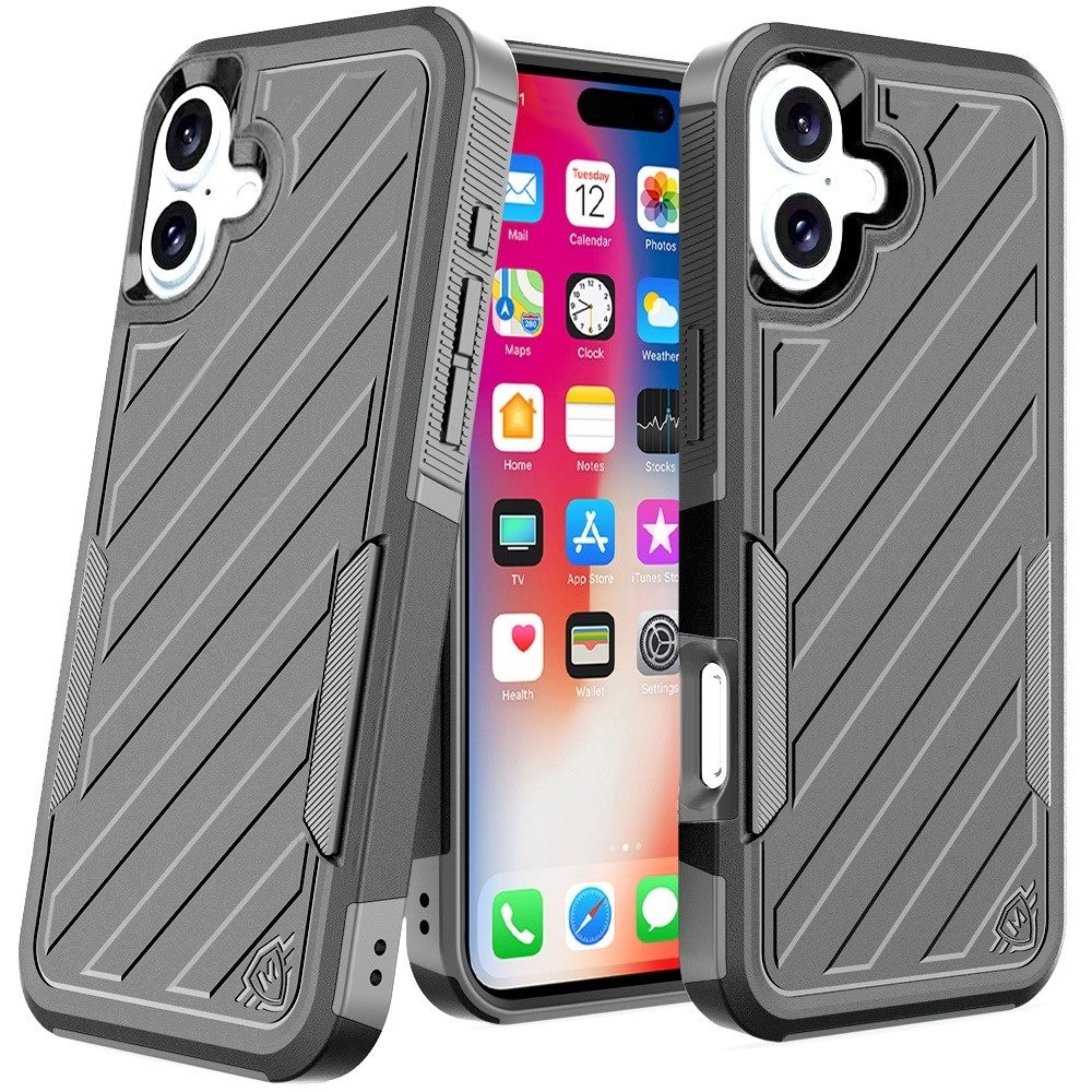 Kitcheniva - Dual Layer Shockproof Case With Tempered Glass For iPhone 16 - Black/Grey