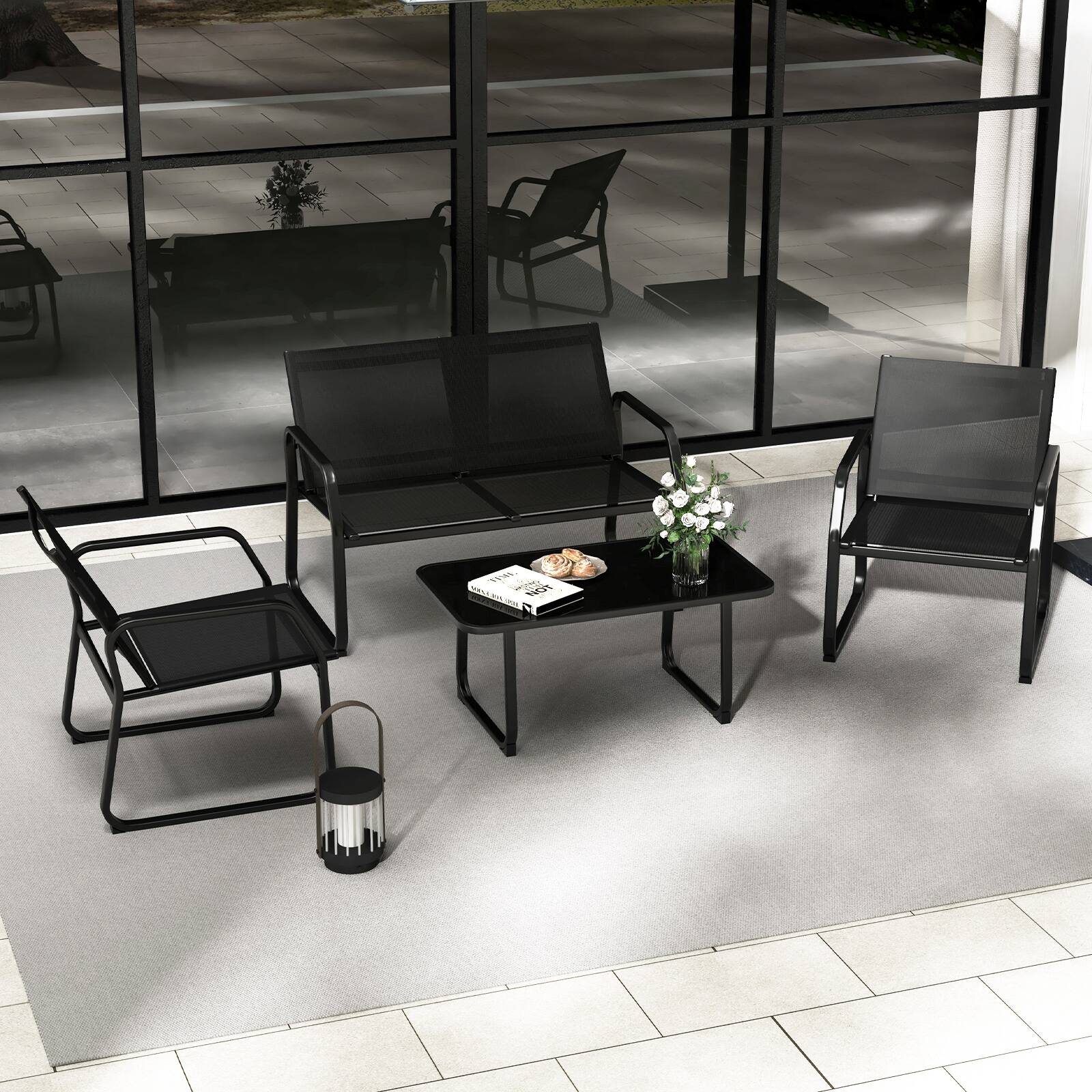 Alt View 3. Gymax - Gymax 4 PCS Patio Conversation Set w/ Breathable Fabric Seat Tempered Glass Tabletop - Black.