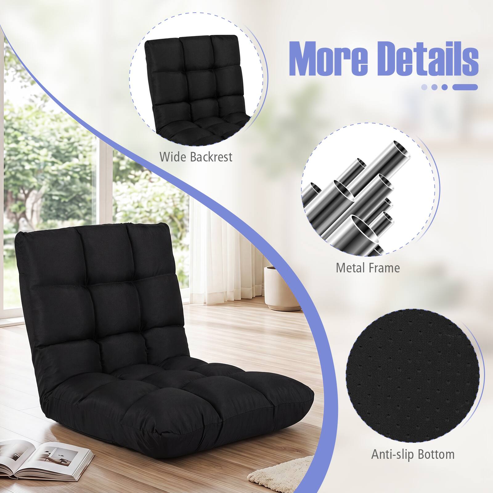 More Details
- Wide Backrest
- Metal Frame
- Anti-slip Bottom
