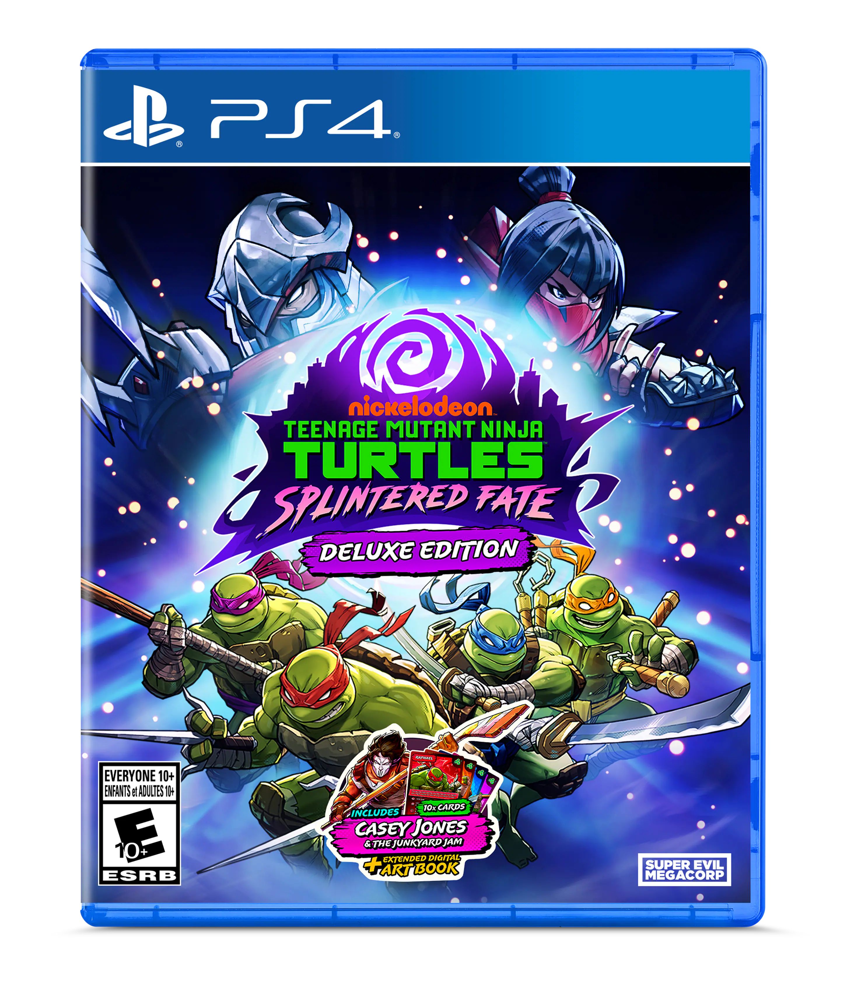 PS4, nickelodeon, TEENAGE MUTANT NINJA TURTLES SPLINTERED FATE DELUXE EDITION, EVERYONE 10+, ENFANTS d ADULTES 1H+, E 10+, ESRB, FO CARDS INCLUDES CASEY JONES 4 THE JUNKYARD JAM EXTENDED DIGITAL TARTBOOK, SUPER EVIL MEGACORP - E10+ (Everyone 10+)