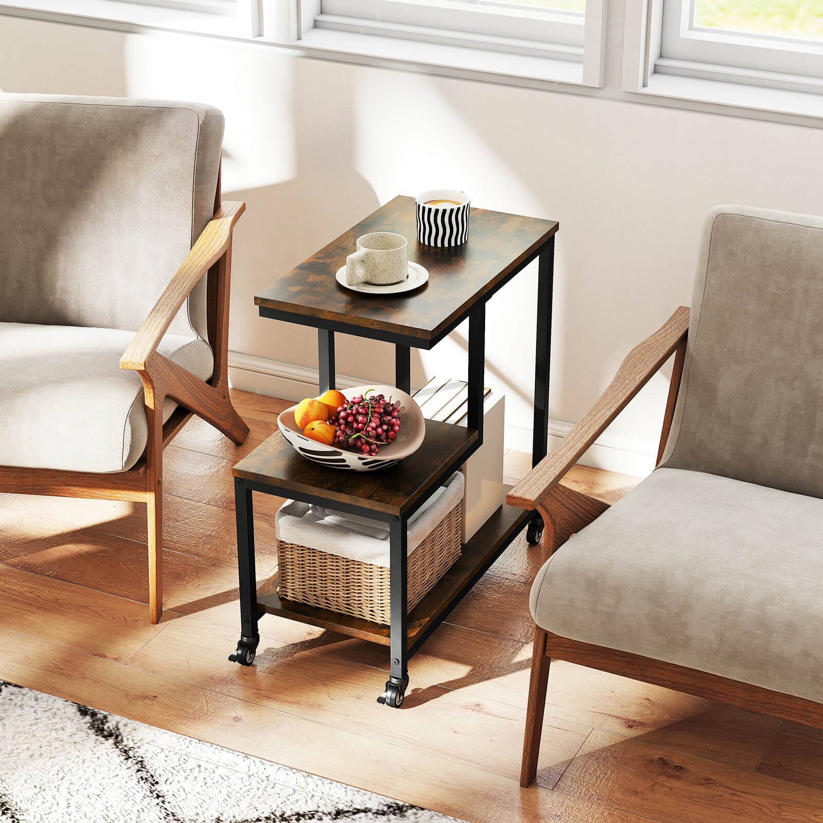 Alt View 3. Costway - Costway 1 PCS Modern G-Shaped End Table with Storage Shelves & Lockable Casters for Living Room Brown - Rustic Brown + Black.