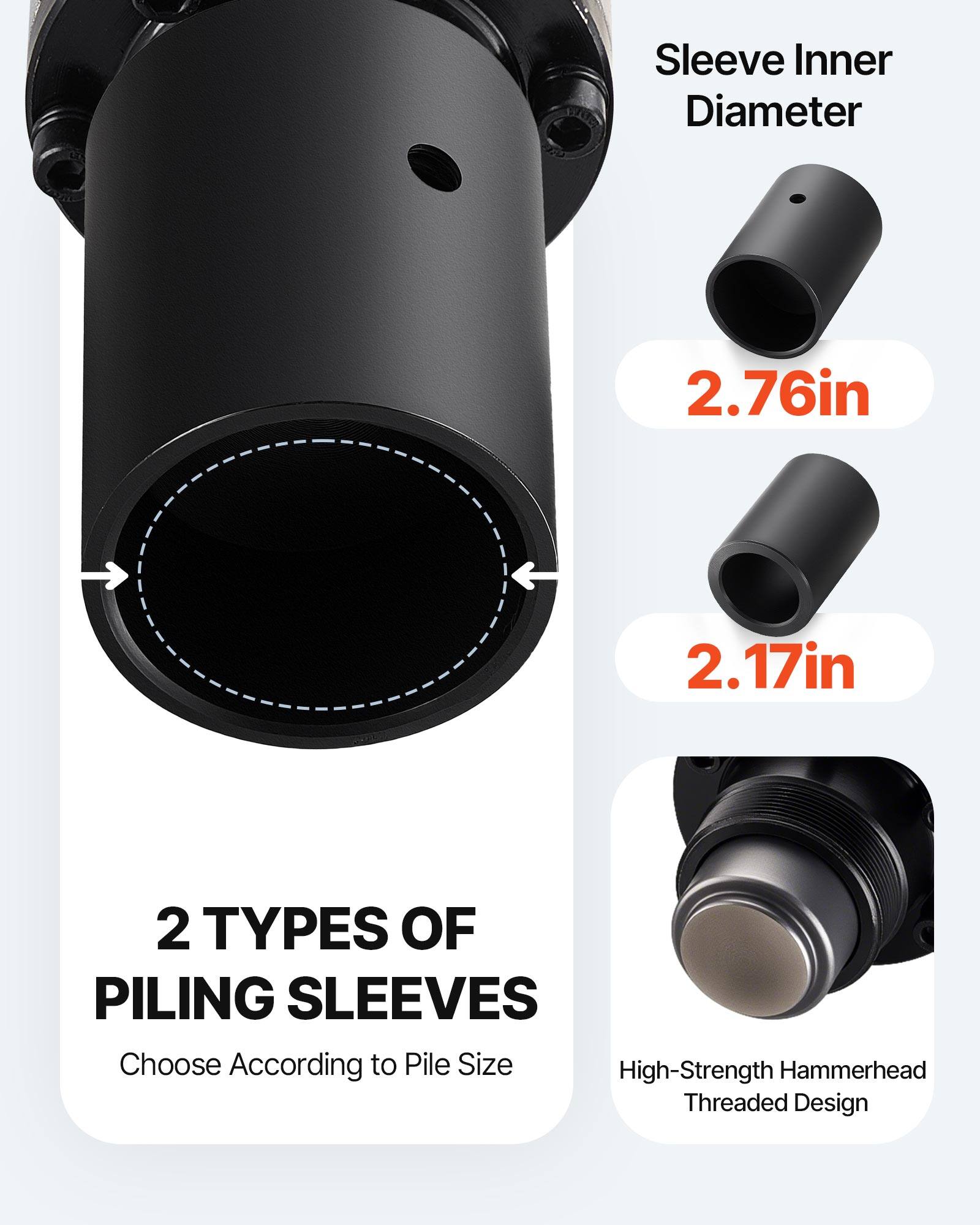 Sleeve Inner Diameter  
2.76in  
2.17in  

2 TYPES OF PILING SLEEVES  
Choose According to Pile Size  

High-Strength Hammerhead Threaded Design