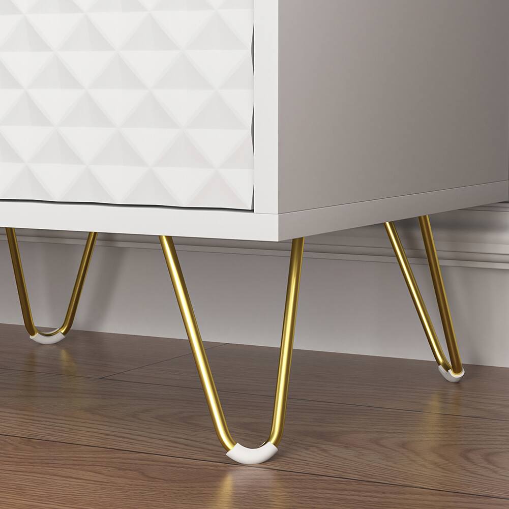 Alt View 7. Spaco - 2PCS Modern Nightstand with Diamond Texture, 2 Drawers, Gold Accents & Hairpin Legs, Bedroom Storage Cabinet - White.