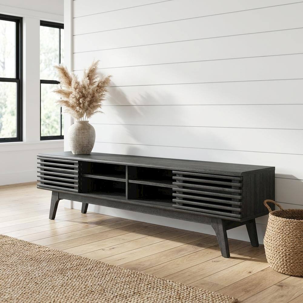 Angle. FurniFact - Gray wood entertainment center with spacious TV stand and sleek design - Gray.