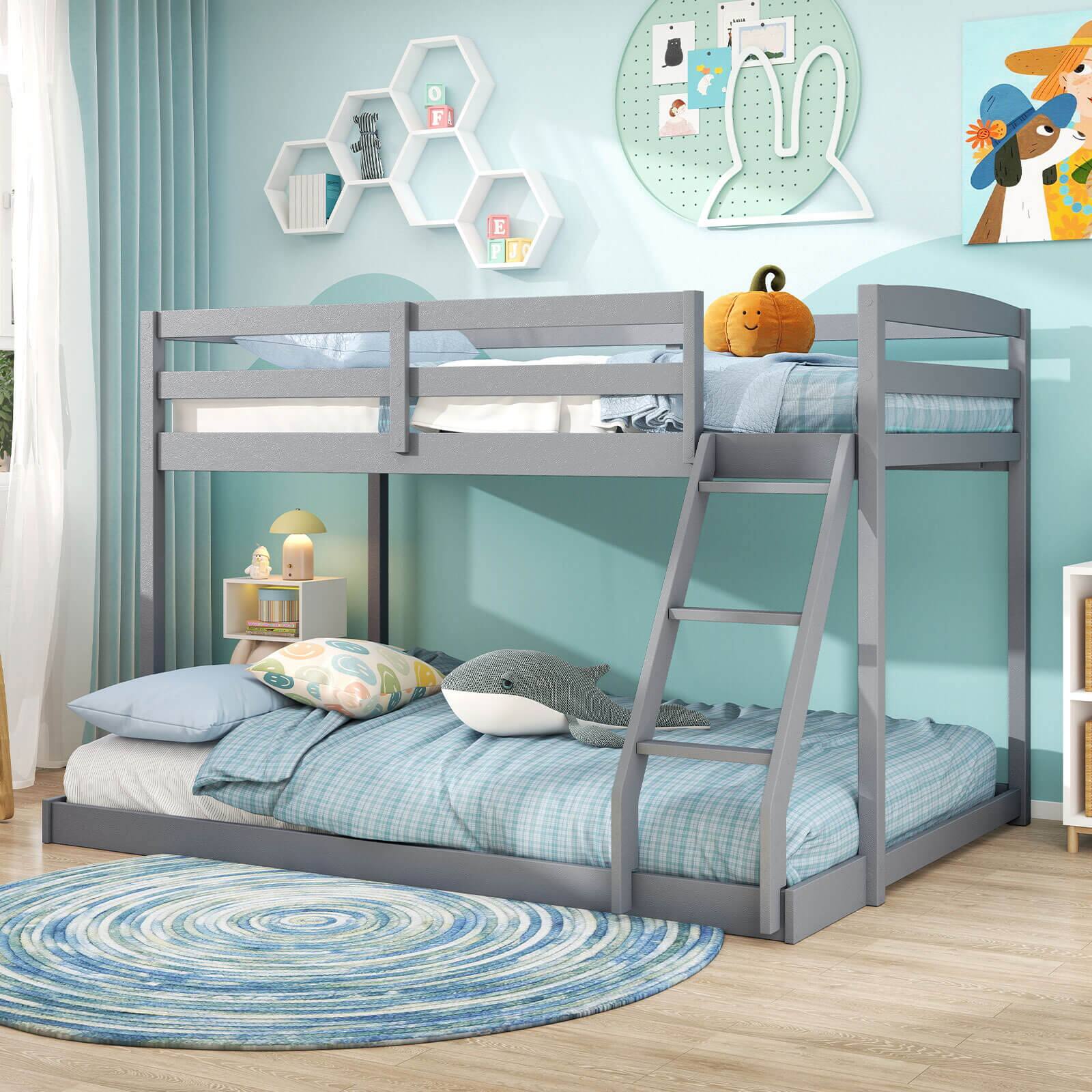 Alt View 1. Costway - Costway Twin Over Full Bunk Bed with Integrated Ladder & Safety Guardrails Solid Wood - Gray.