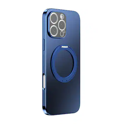 Front. Dteck - for Apple iPhone 16 Pro Max Magnetic Plated Case,with 360 Rotatable Stand+Full Lens Cover,PC+TPU Hybrid Shockproof Shell - Navyblue.