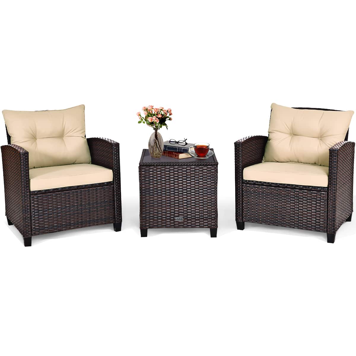 Left. Costway - 3PCS Patio Rattan Furniture Set Cushioned Conversation Set Sofa Coffee Table - Beige.