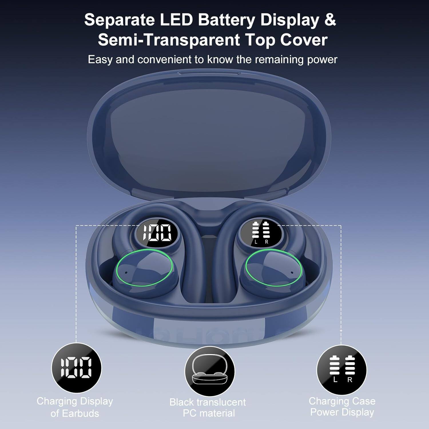 Separate LED Battery Display & Semi-Transparent Top Cover  
Easy and convenient to know the remaining power  

100  
100  

Charging Display of Earbuds  
Black translucent PC material  
Charging Case Power Display