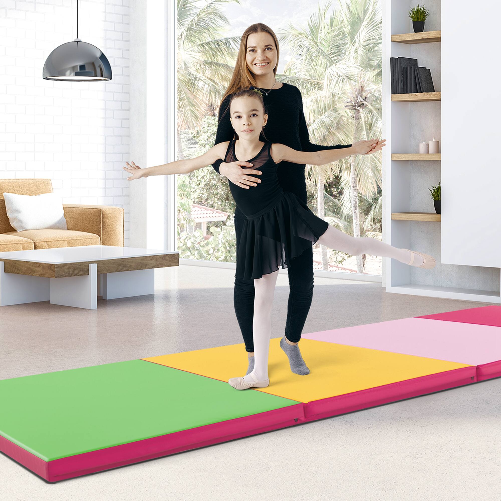 Alt View 3. Costway - Costway 10' x 4' x 2" 4-Panel Folding Exercise Mat with Carrying Handles for Gym Yoga - Pink,Yellow.