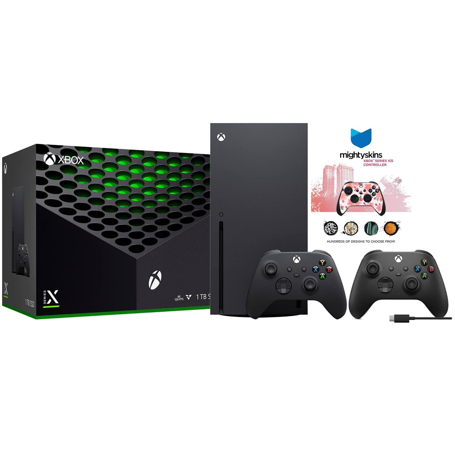 Xbox Series X 1TB Disc Console with Extra Controller and MightySkins Code Bundle - Black + USB C Cable