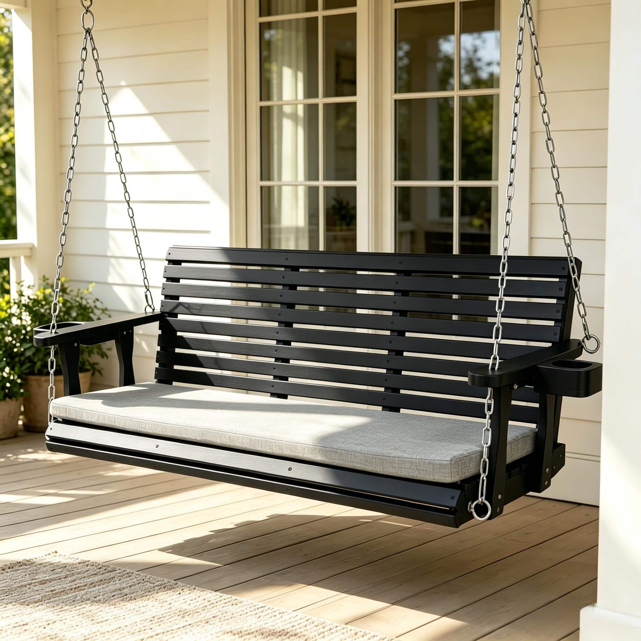 Fortune Candy - Outdoor Wooden Porch Swing, 5 FT Patio Hanging Bench with Cushion, Heavy Duty 880 LBS, Weather-Resistant for Backyard - Black