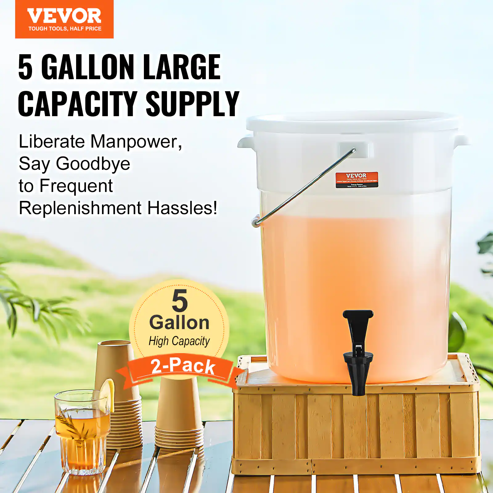 VEVOR  
TOUGH TOOLS, HALF PRICE  

5 GALLON LARGE CAPACITY SUPPLY  

Liberate Manpower, Say Goodbye to Frequent Replenishment Hassles!  

5 Gallon High Capacity 2-Pack