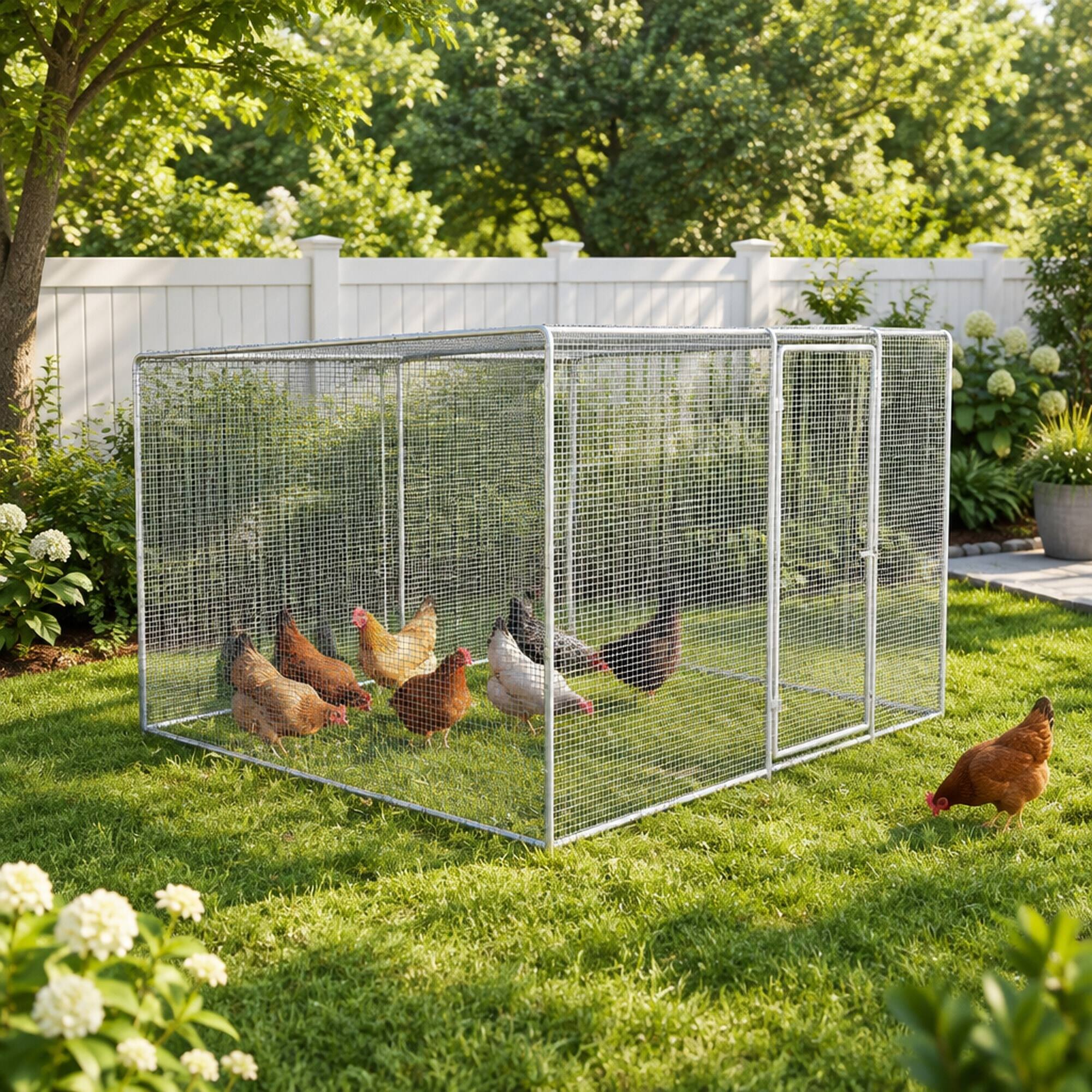 Alt View 2. RYHNUYNE - Chicken Coop 9.8x6.5x6.5 ft, Galvanized Steel Frame, PVC-Coated Wire Mesh, Green Cover, Outdoor Pet Enclosure.