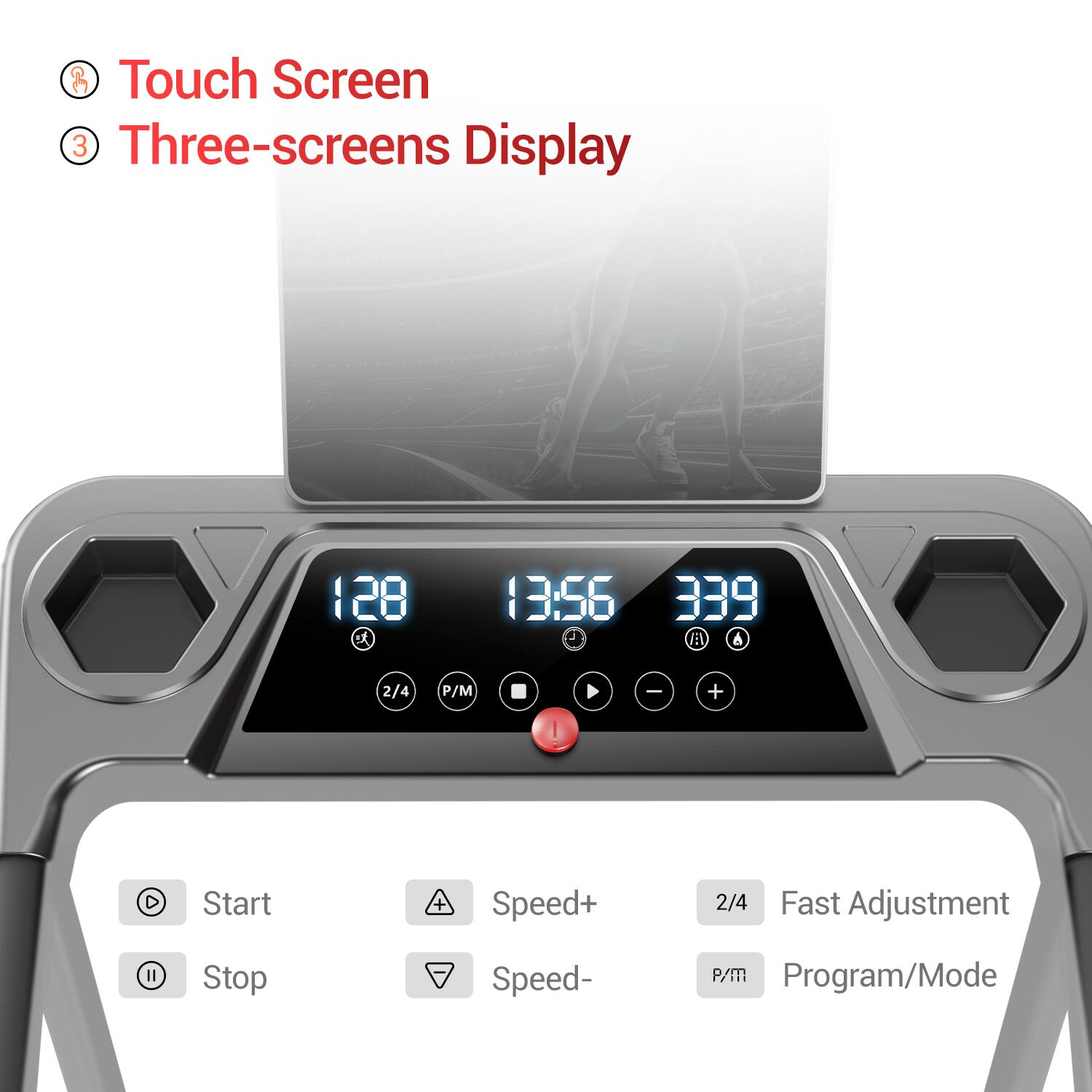 Touch Screen  
Three-screens Display  

128  
13:56  
339  

2/4  
P/M  

Start  
Speed+  
Stop  
Speed-  

2/4 Fast Adjustment  
P/M Program/Mode