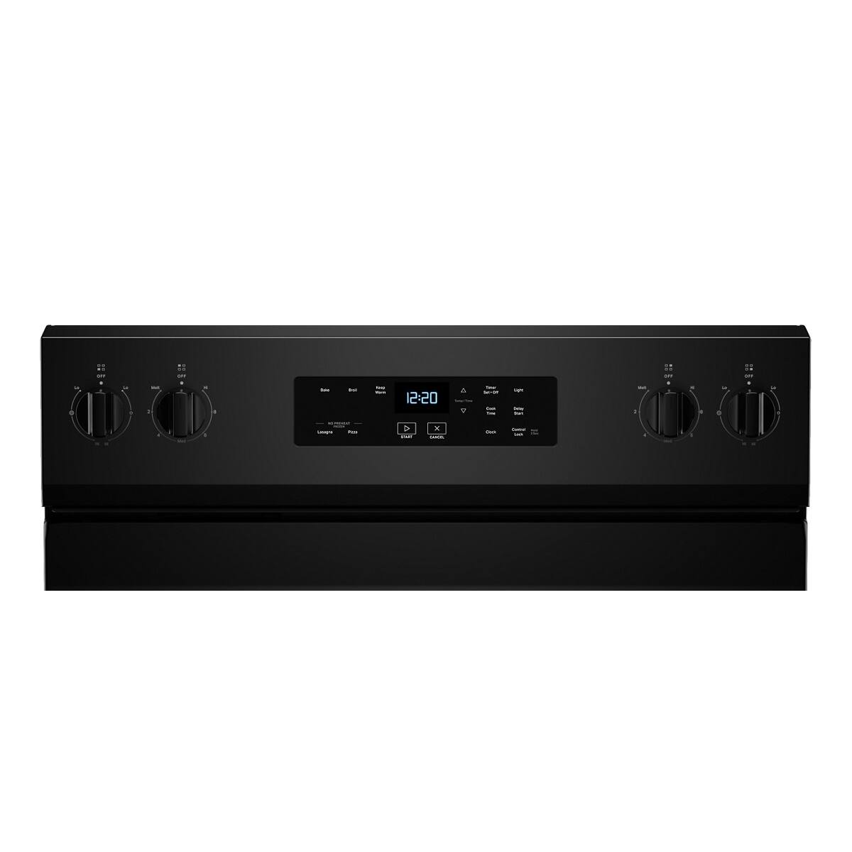 The text on the image is:

"12:20

Timer
Light
Cancel
Start
Clock
Clock
Timer
Timer
Lock
Lock
Larger
Pots
Pots
Mode
Bake
Broil
Roast
Bake
Broil
Roast
Off
Off
Off
Off"