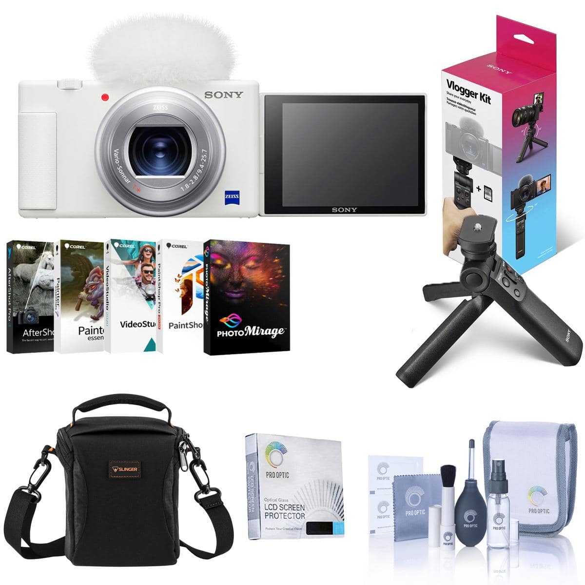 Bundle - Sony - ZV-1 Compact 4K HD Digital Camera, White, with GP-VPT3 Shooting Grip, Bag, Corel PC Software Suite, Screen