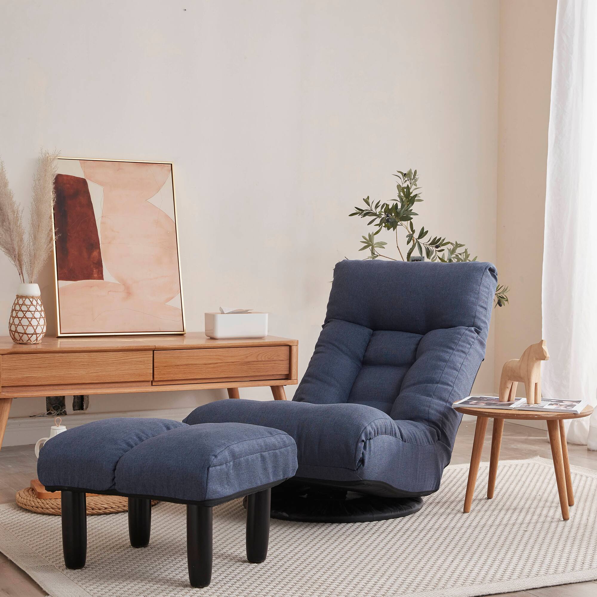 Alt View 9. Meqiodas - Swivel Lazy Floor Chair with Ottoman, Adjustable Reclining Floor Lounger with Head & Back Support, for Bedroom & Gaming - Navy.
