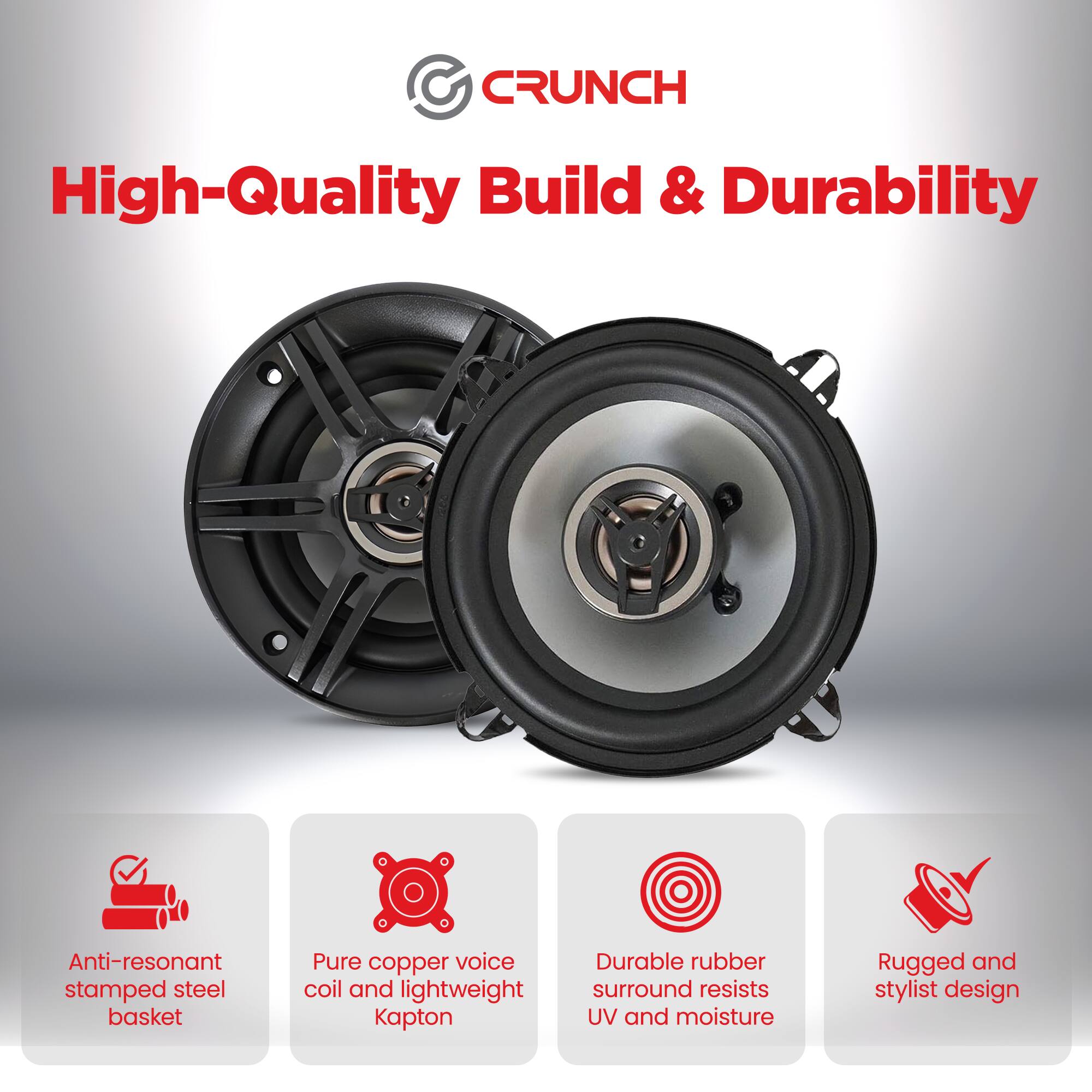 CRUNCH

High-Quality Build & Durability

- Anti-resonant stamped steel basket
- Pure copper voice coil and lightweight Kapton
- Durable rubber surround resists UV and moisture
- Rugged and stylist design